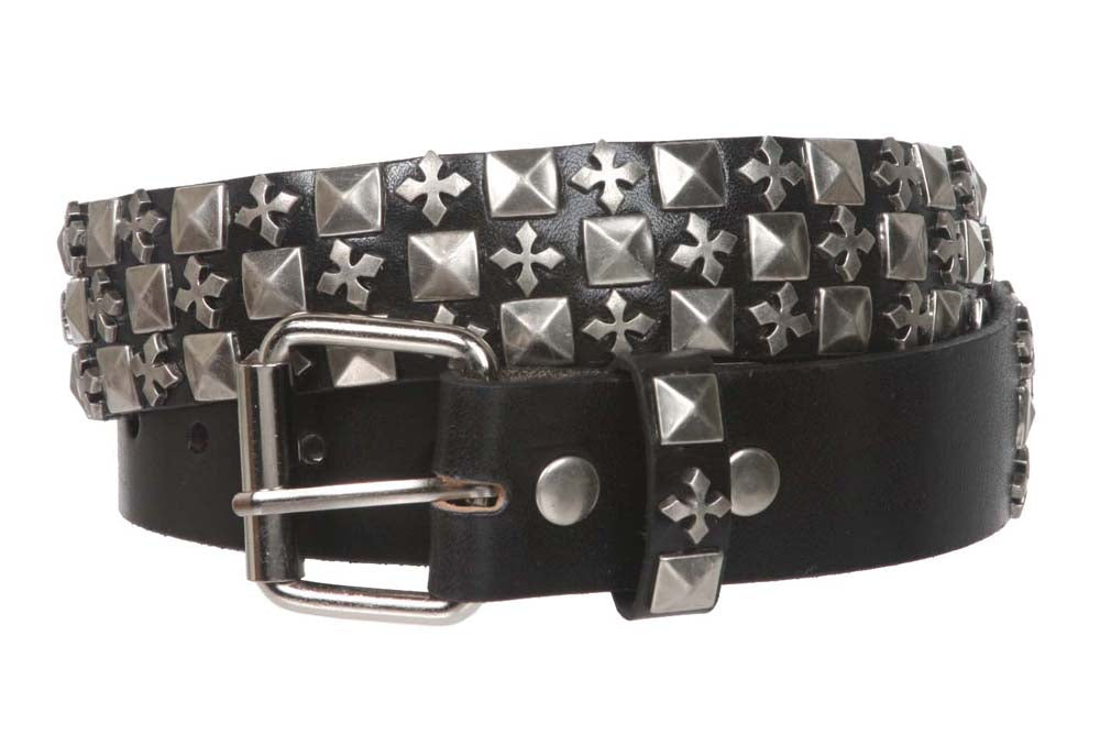 1 1/2" Snap on Punk Rock Star Studs & Cross Leather Belt - OnlineBelts