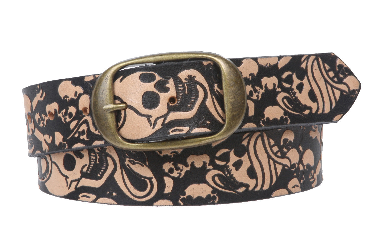 1 1/2" Snap on Scene Skull Embossed Stiff Leather Belt - OnlineBelts