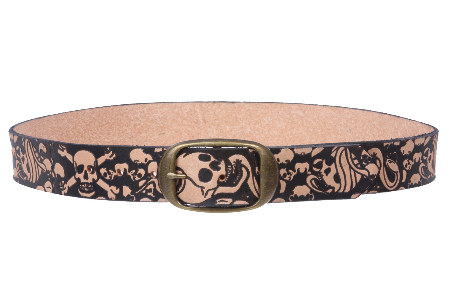 1 1/2" Snap on Scene Skull Embossed Stiff Leather Belt - OnlineBelts