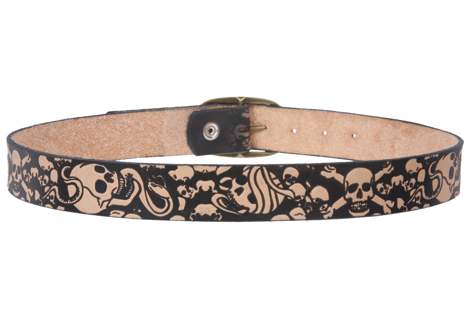 1 1/2" Snap on Scene Skull Embossed Stiff Leather Belt - OnlineBelts