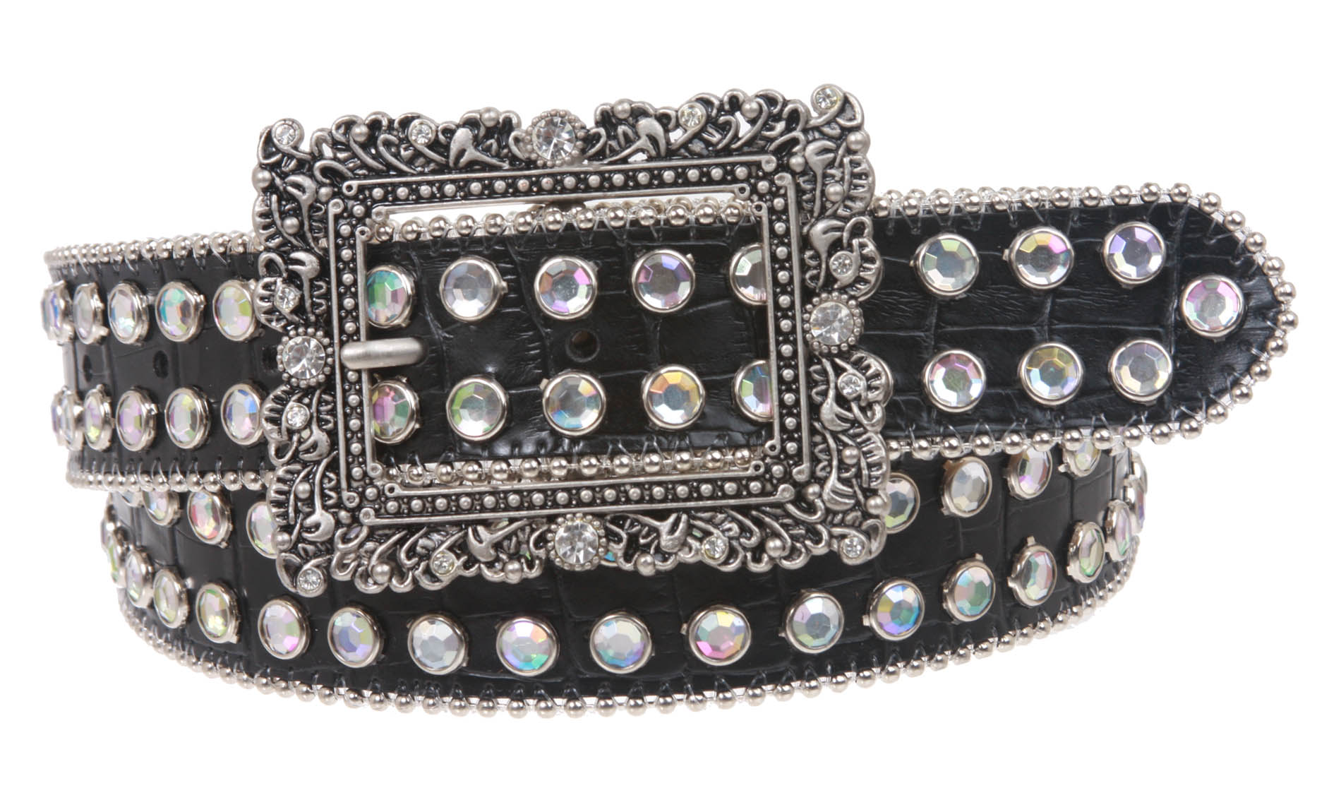 Western Square Rhinestone Flower Buckle Croco Leather Belt - OnlineBelts