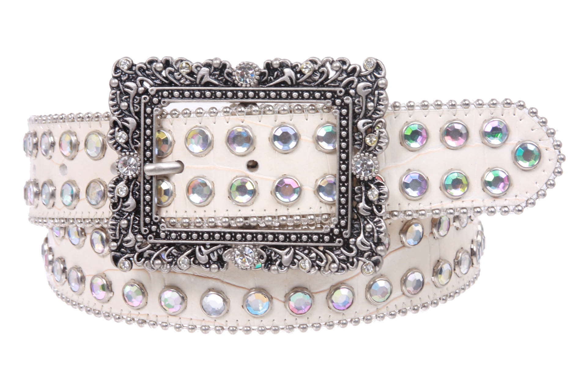 Western Square Rhinestone Flower Buckle Croco Leather Belt - OnlineBelts