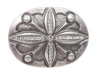 Oval Cross Rhinestone Flower Antique Silver Hammered Belt Buckle