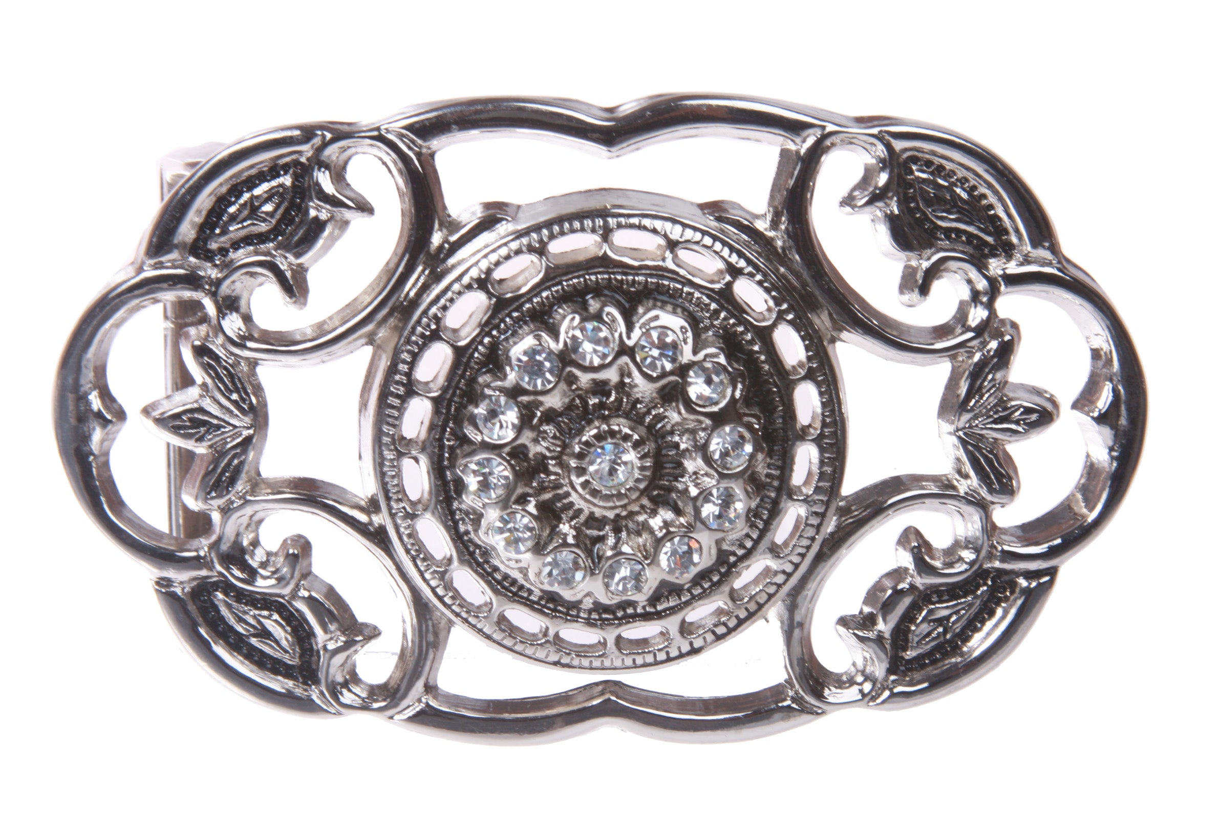 Perforated Oval Rhinestone Flower Flower Belt Buckle - OnlineBelts