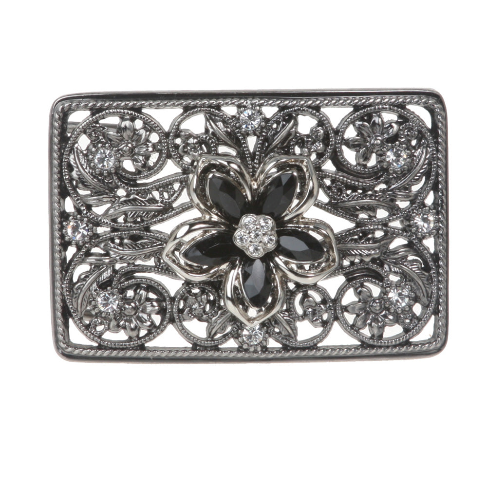 Rectangle Rhinestone Flower Cut-out Perforated Belt Buckle - OnlineBelts