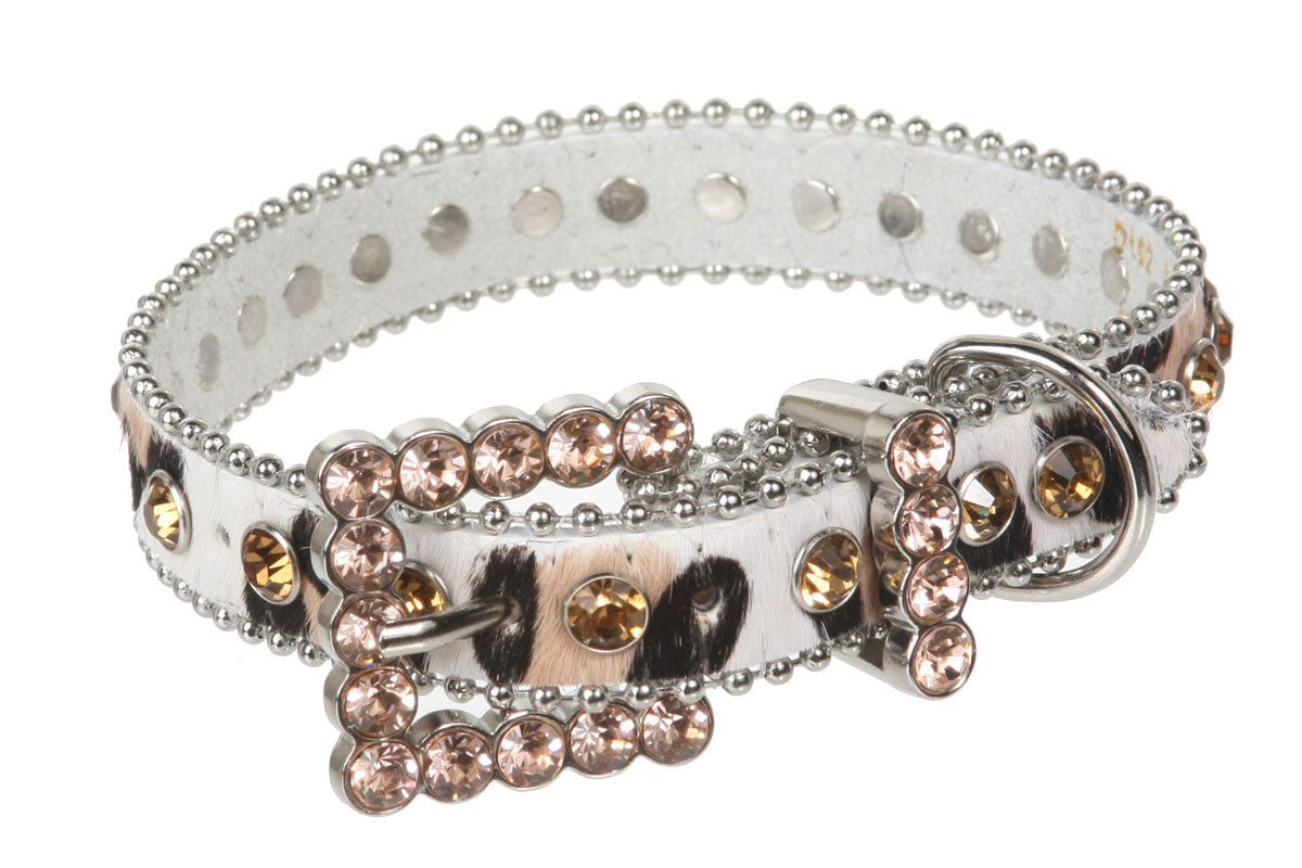 3/4" (20 mm) W Faux Zebra/Leopard Fur Rhinestone Dog Collar - OnlineBelts