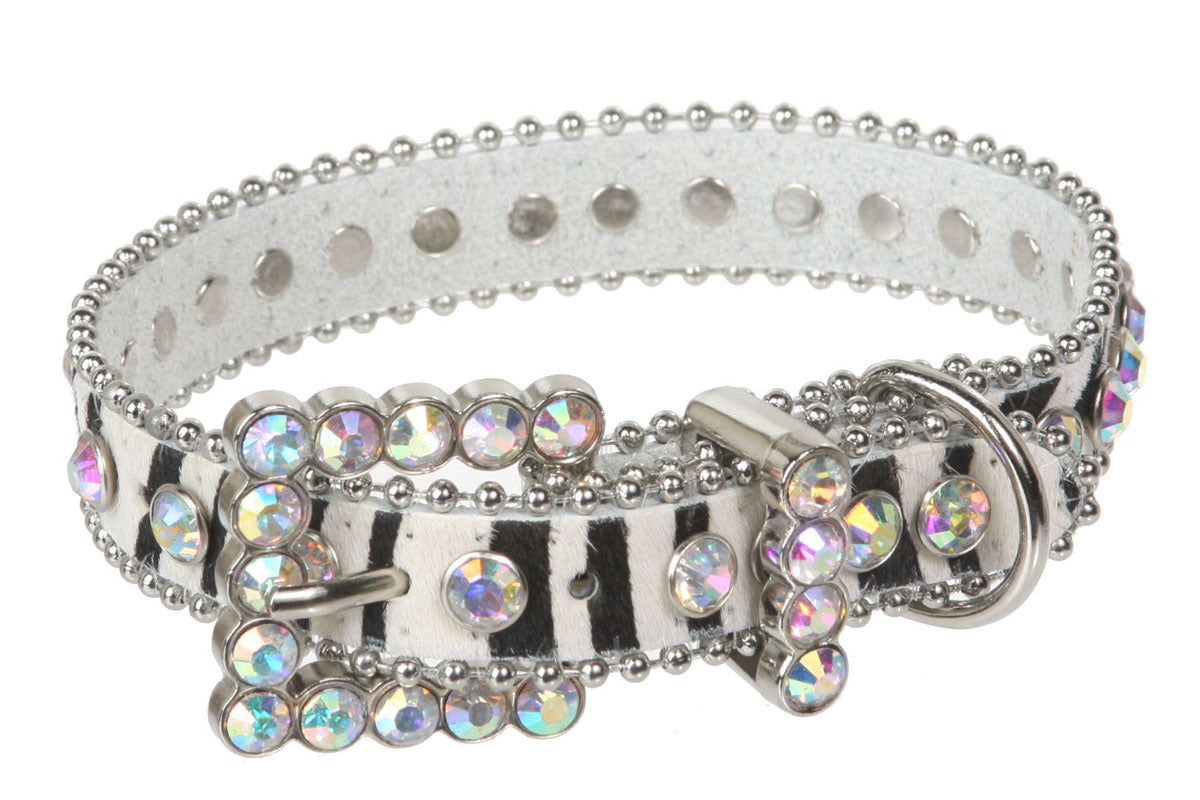 3/4" (20 mm) W Faux Zebra/Leopard Fur Rhinestone Dog Collar - OnlineBelts