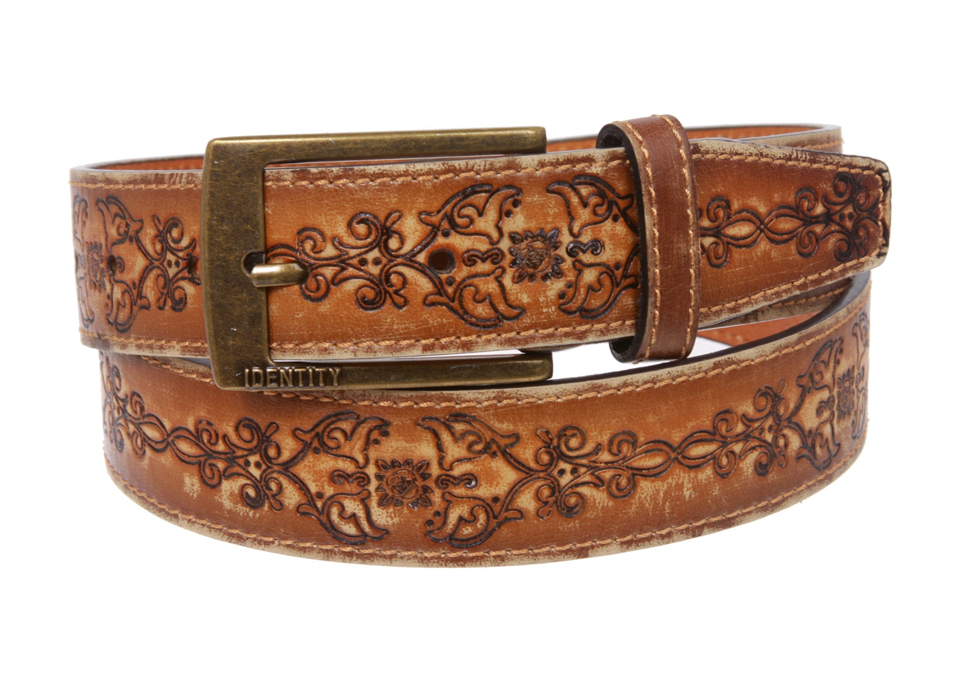 1 5/16'' Floral Embossed Stitching Vintage Leather Belt - OnlineBelts