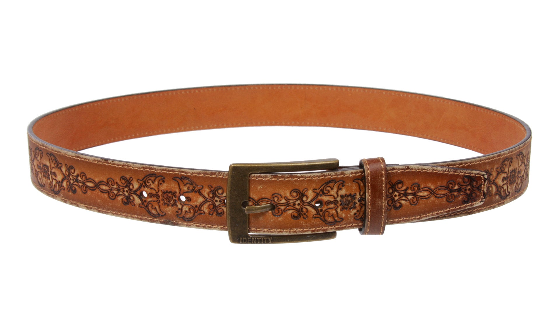 1 5/16'' Floral Embossed Stitching Vintage Leather Belt