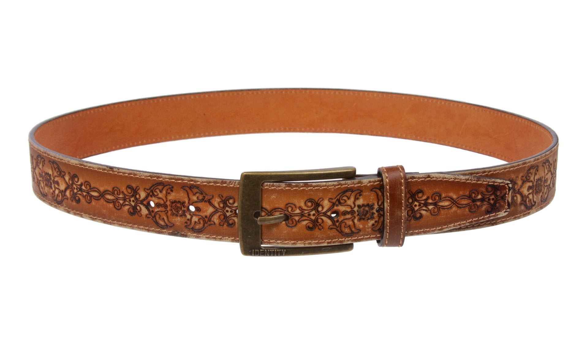 1 5/16'' Floral Embossed Stitching Vintage Leather Belt - OnlineBelts