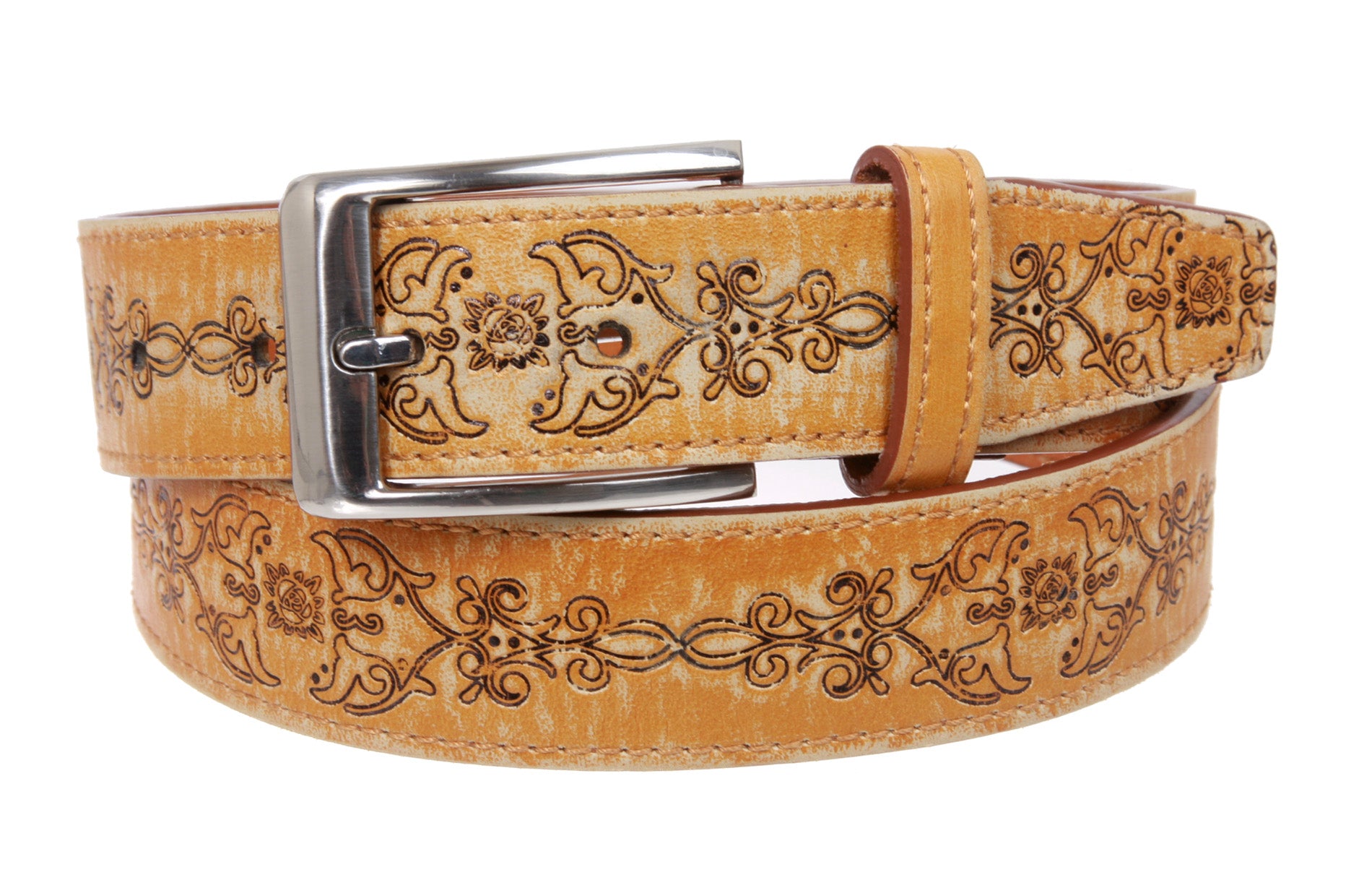 1 5/16'' Floral Embossed Stitching Vintage Leather Belt