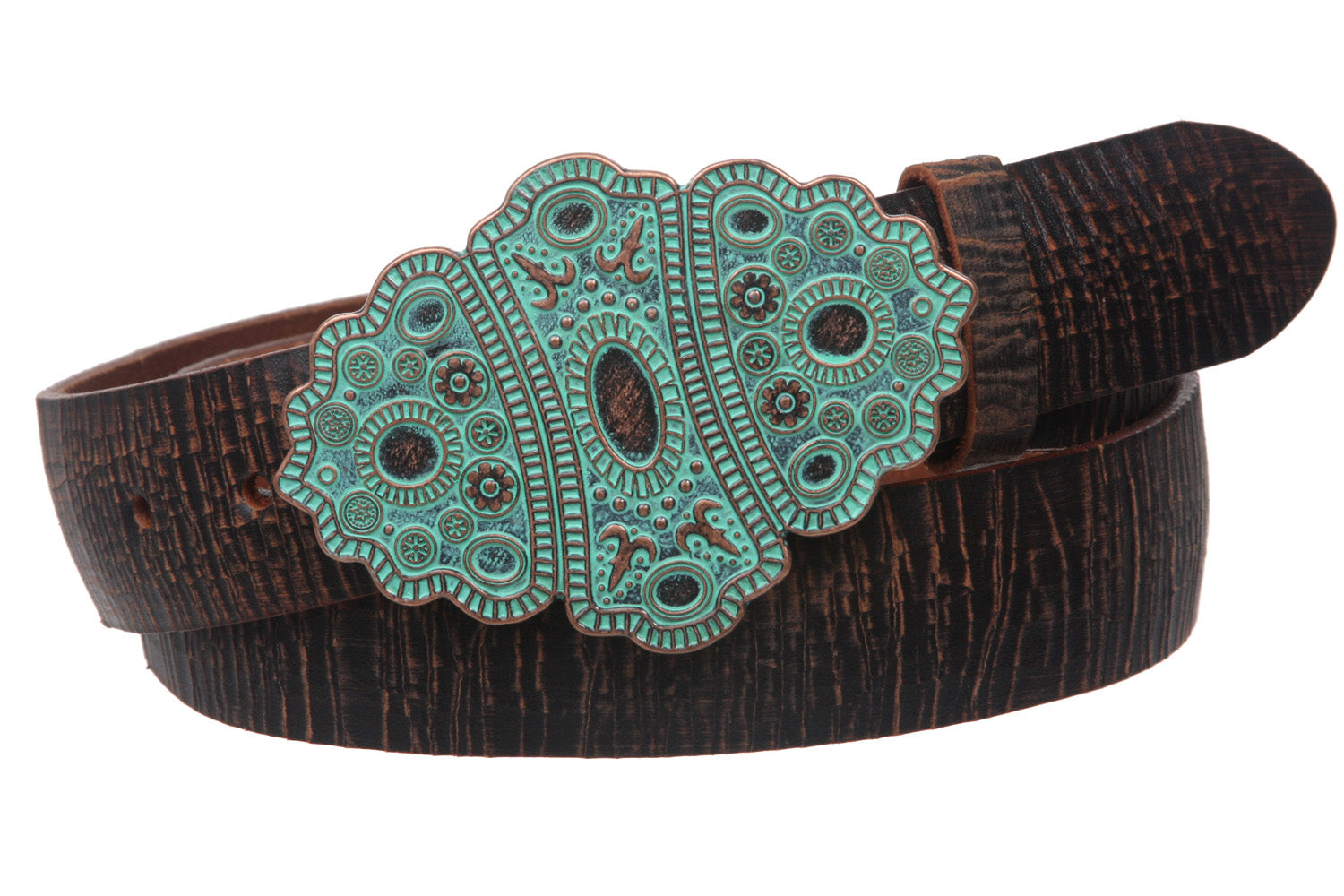 1 1/2" Snap On Antique Vintage Brass Finish Belt Buckle w/ Vintage Solid Leather Belt - OnlineBelts