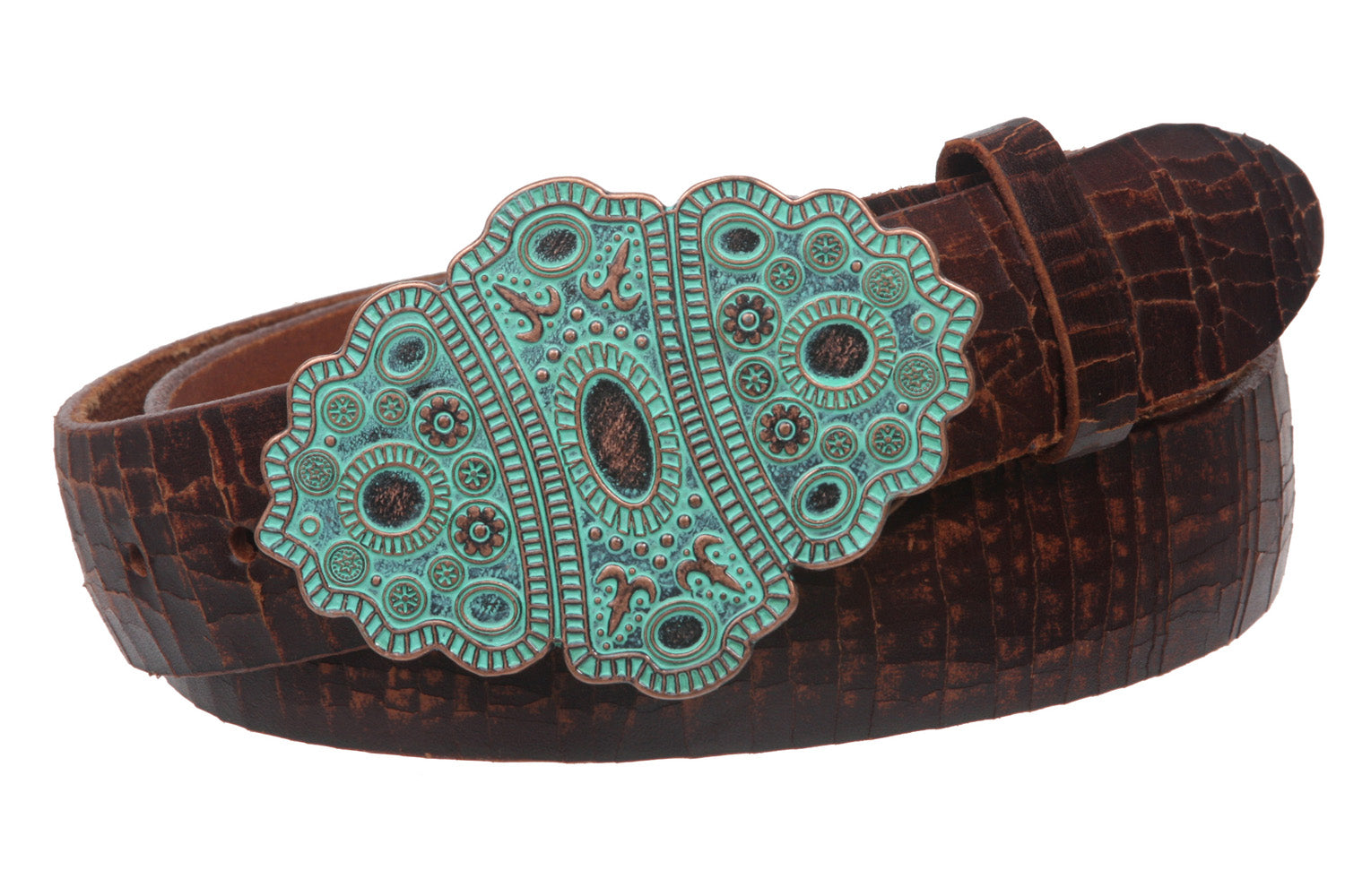 1 1/2" Snap On Antique Vintage Brass Finish Belt Buckle w/ Vintage Solid Leather Belt - OnlineBelts