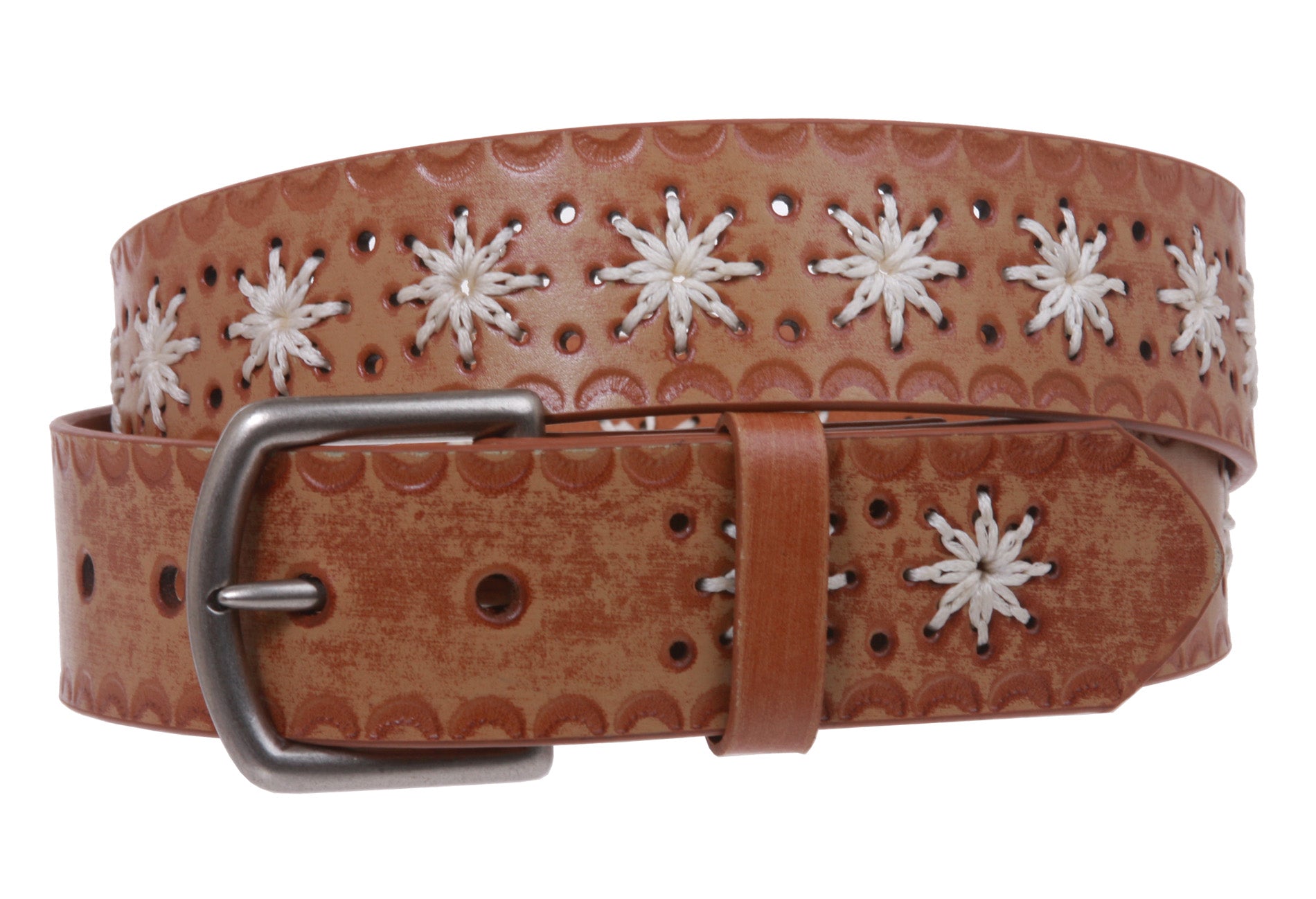 Snap on Flower Embossing Vintage Leather Belt - OnlineBelts