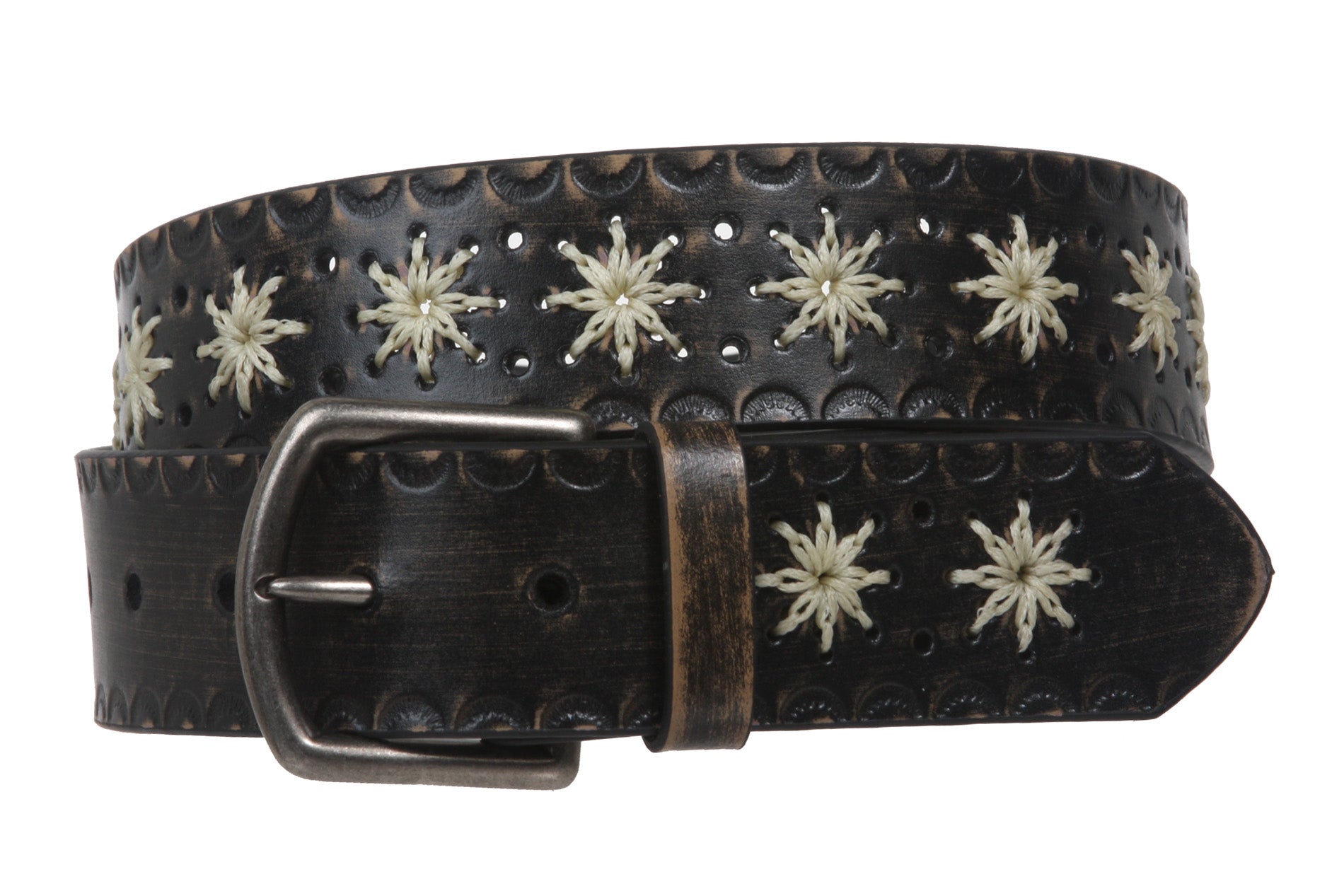 Snap on Flower Embossing Vintage Leather Belt - OnlineBelts