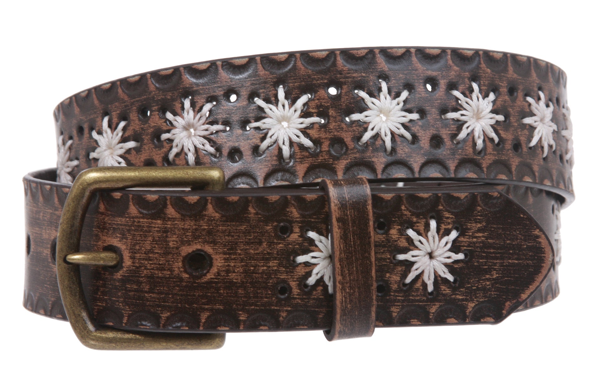 Snap on Flower Embossing Vintage Leather Belt - OnlineBelts