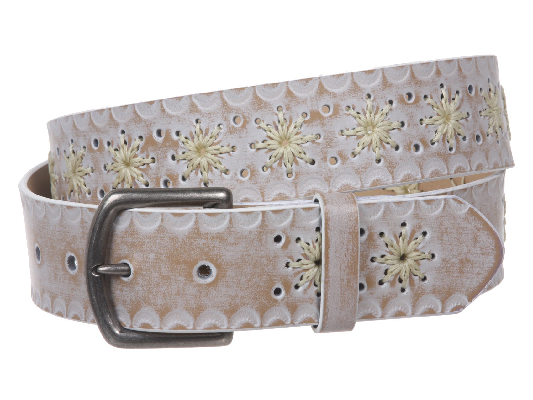 Snap on Flower Embossing Vintage Leather Belt - OnlineBelts