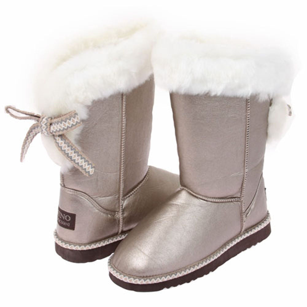 NINO 12" Metallic Faux Shearling Boot with Ribbon - OnlineBelts