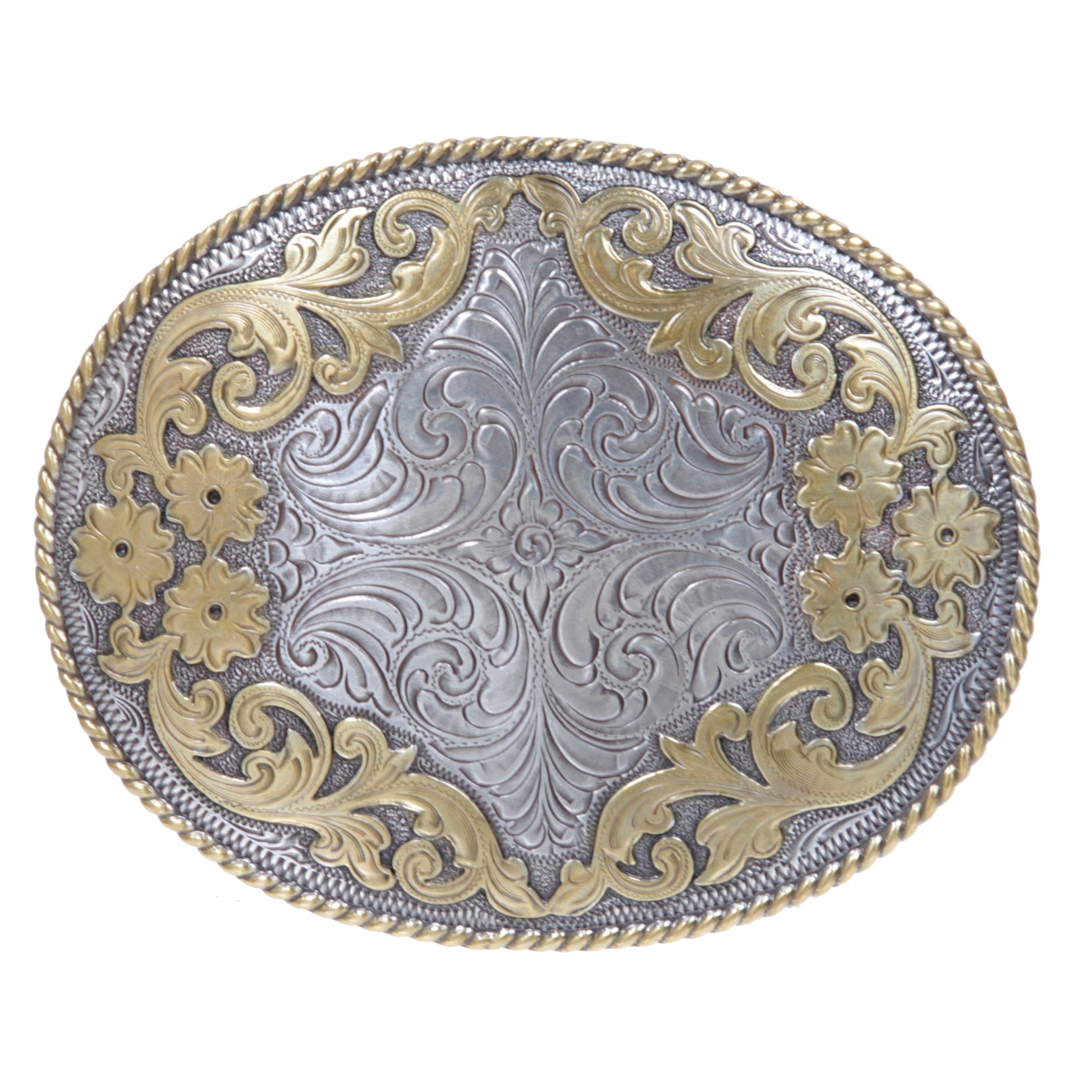 Western Engraved Oval Two Tone Floral Belt Buckle - OnlineBelts