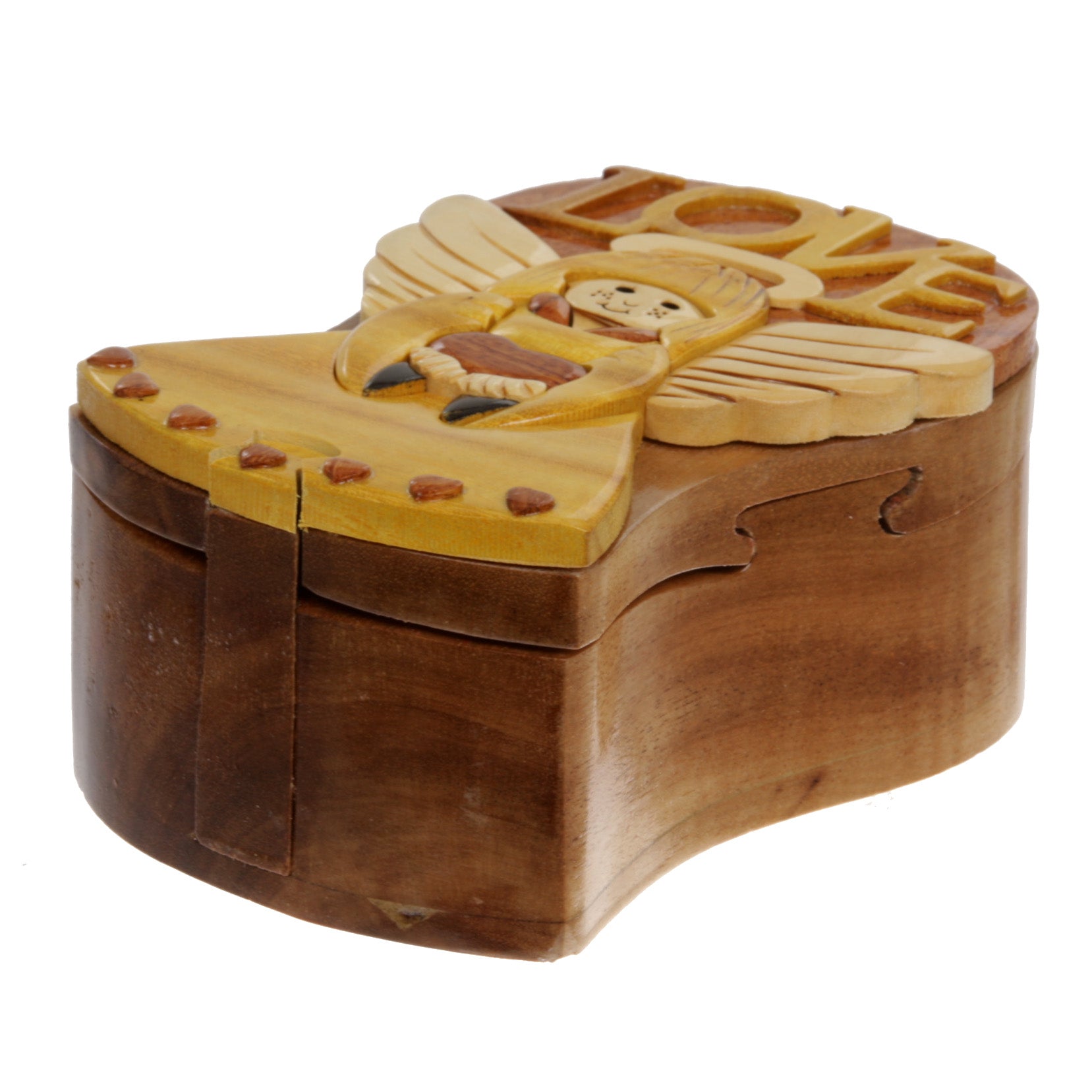 Handcrafted Wooden Art Shape Secret Jewelry Puzzle Box - Love Angels - OnlineBelts