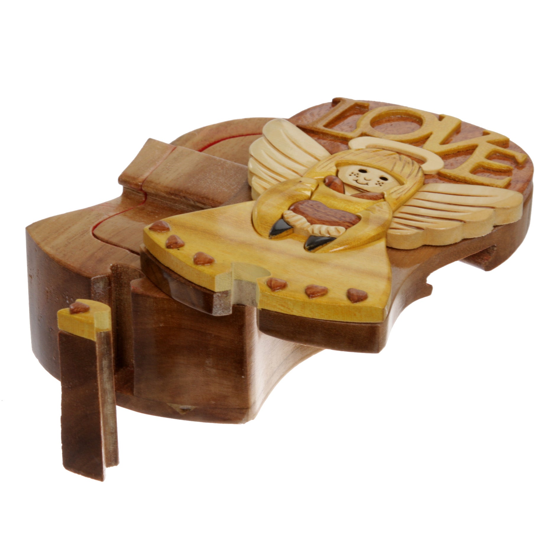 Handcrafted Wooden Art Shape Secret Jewelry Puzzle Box - Love Angels - OnlineBelts