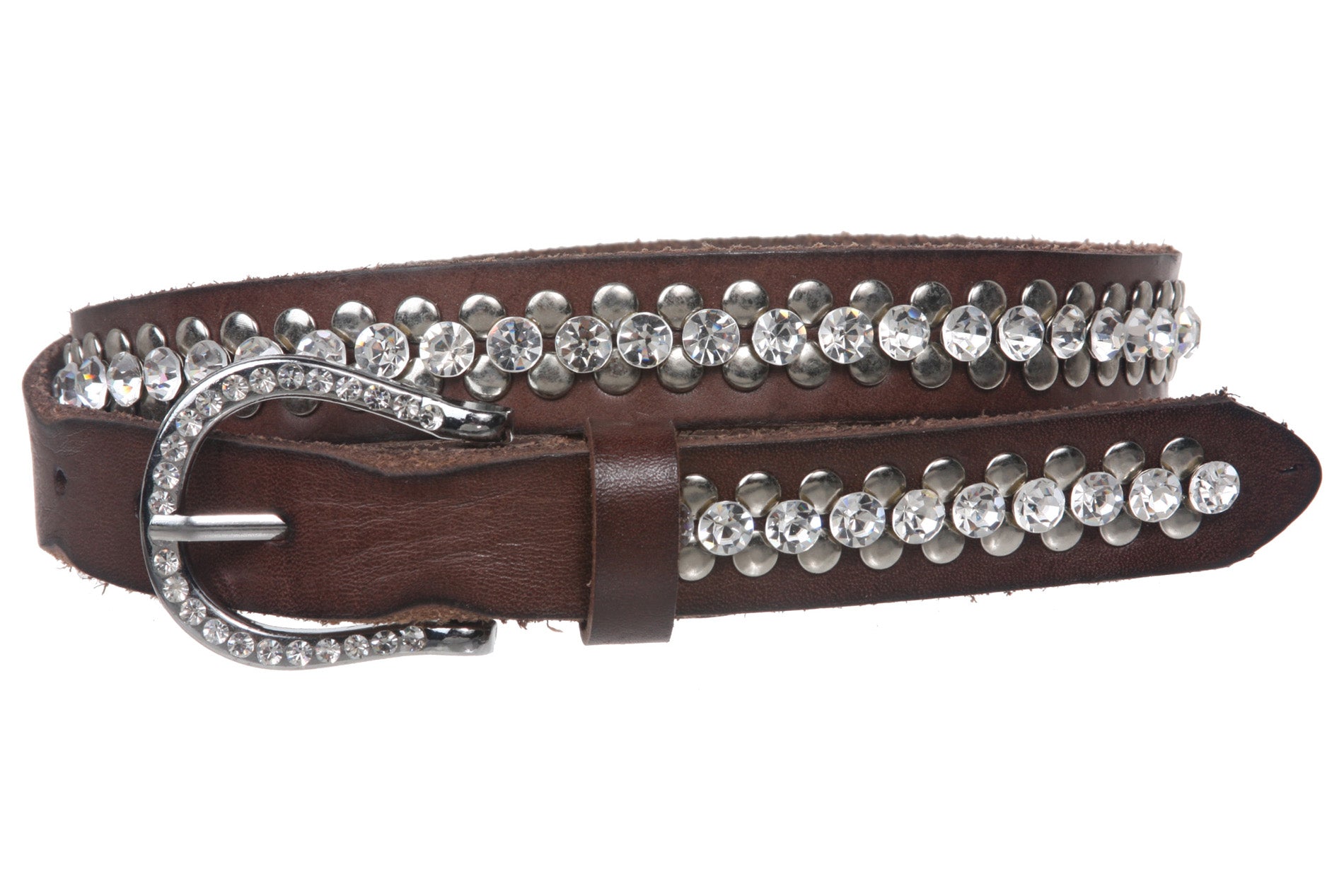 Women's 1" (24 mm) Western Cowgirl Rhinestone Studded Vintage Solid Leather Belt - OnlineBelts