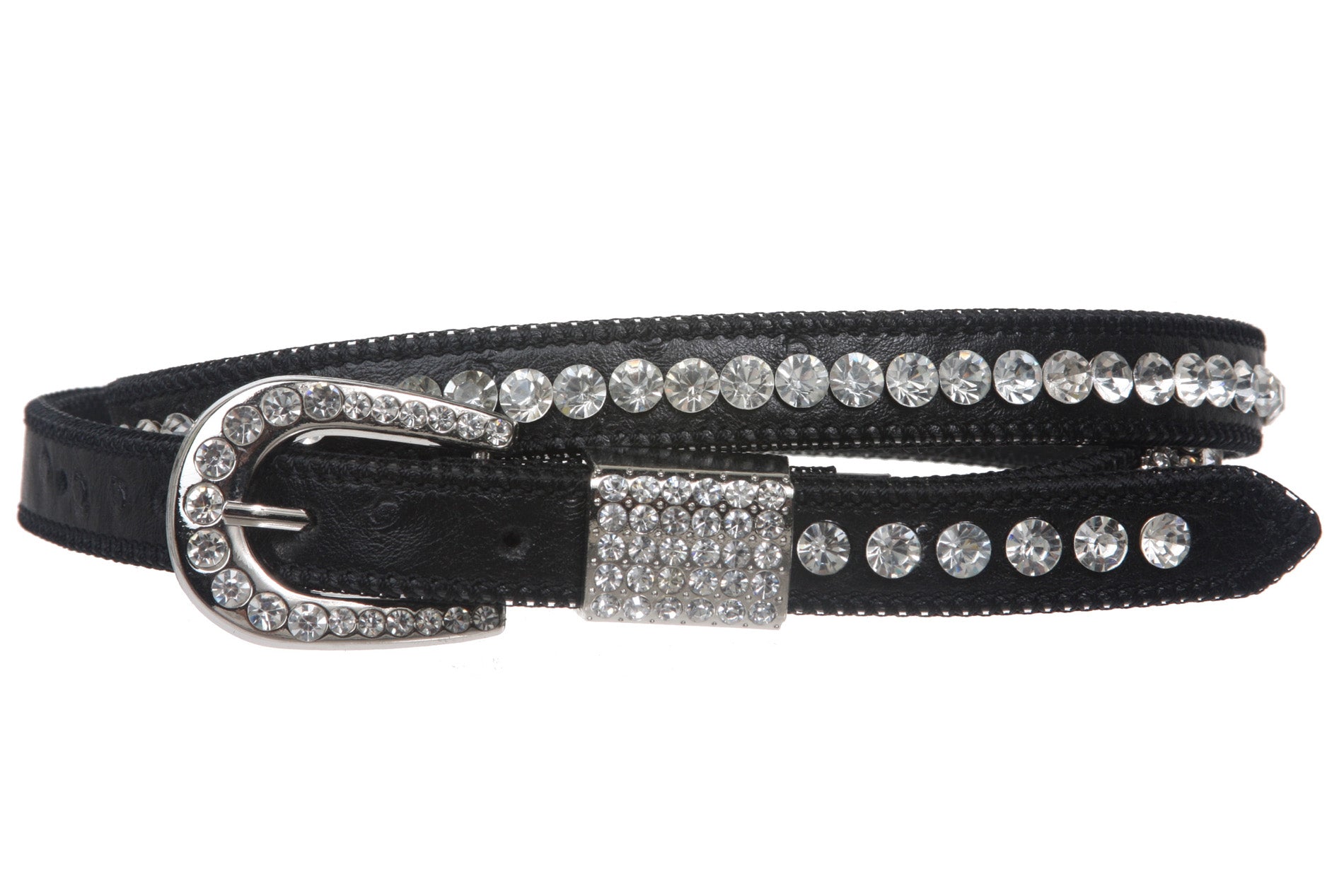 Womens 3/4" (20 mm) Western Cowgirl Rhinestone Studded Skinny Faux Ostrich Leather Belt - OnlineBelts