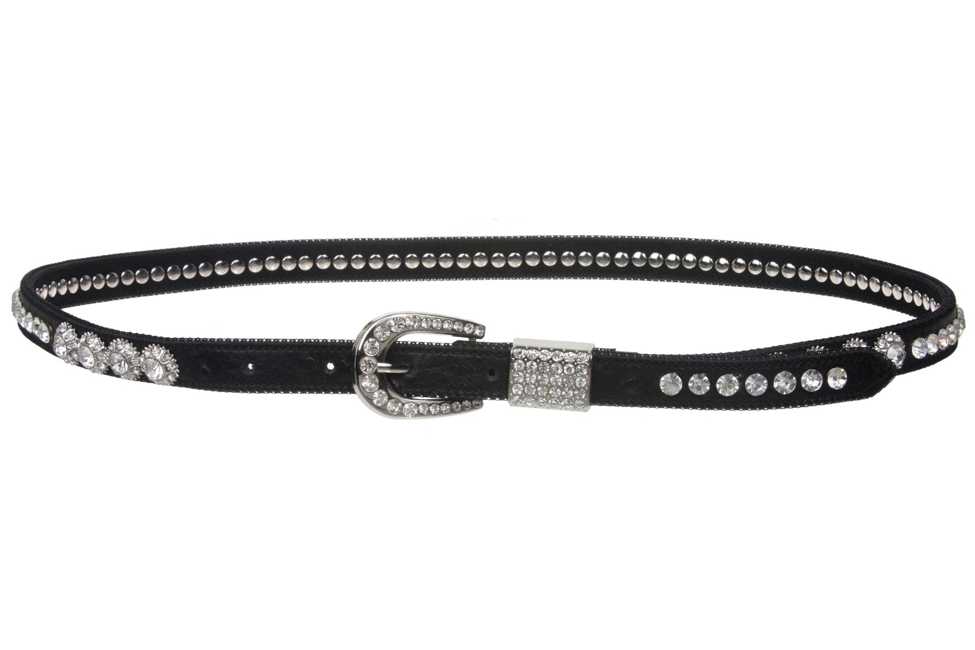 Womens 3/4" (20 mm) Western Cowgirl Rhinestone Studded Skinny Faux Ostrich Leather Belt - OnlineBelts