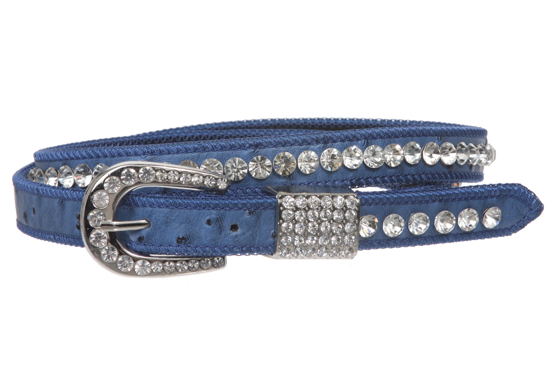 Womens 3/4" (20 mm) Western Cowgirl Rhinestone Studded Skinny Faux Ostrich Leather Belt - OnlineBelts