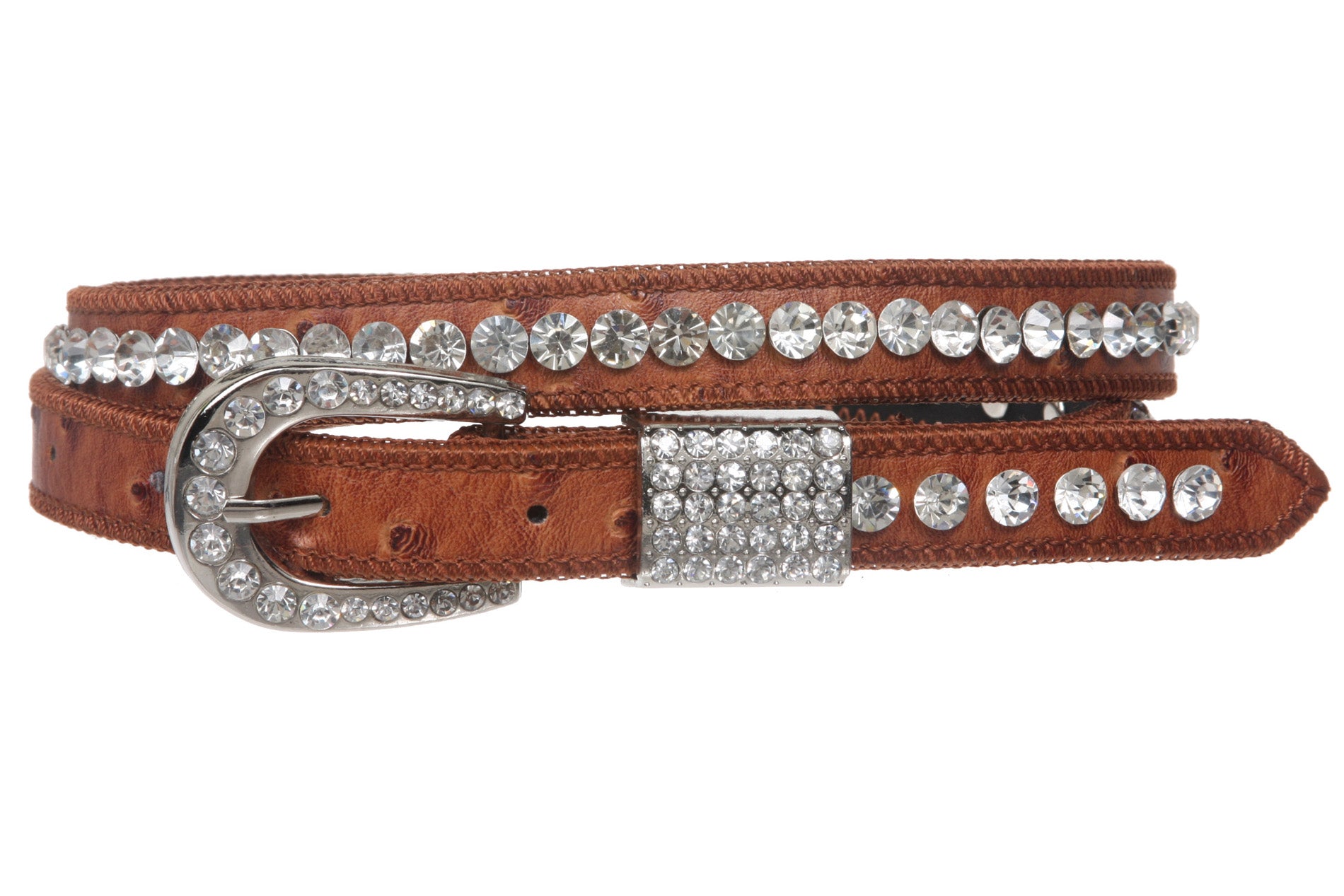 Womens 3/4" (20 mm) Western Cowgirl Rhinestone Studded Skinny Faux Ostrich Leather Belt - OnlineBelts