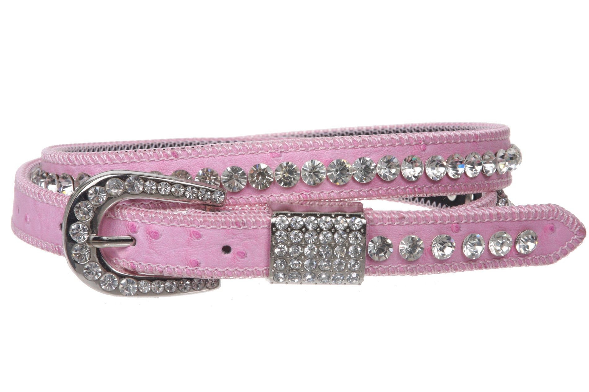Womens 3/4" (20 mm) Western Cowgirl Rhinestone Studded Skinny Faux Ostrich Leather Belt - OnlineBelts