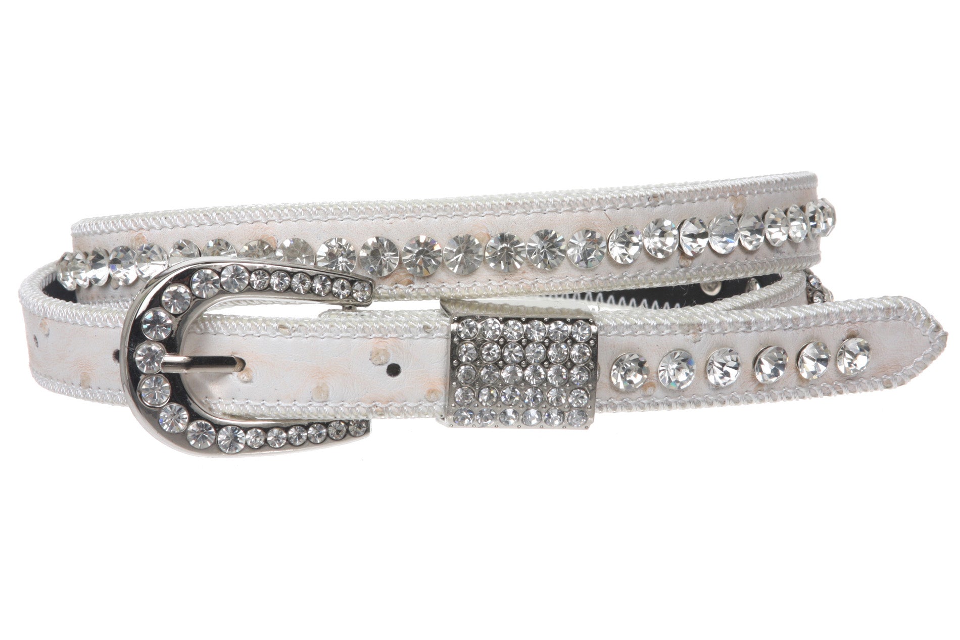 Womens 3/4" (20 mm) Western Cowgirl Rhinestone Studded Skinny Faux Ostrich Leather Belt - OnlineBelts