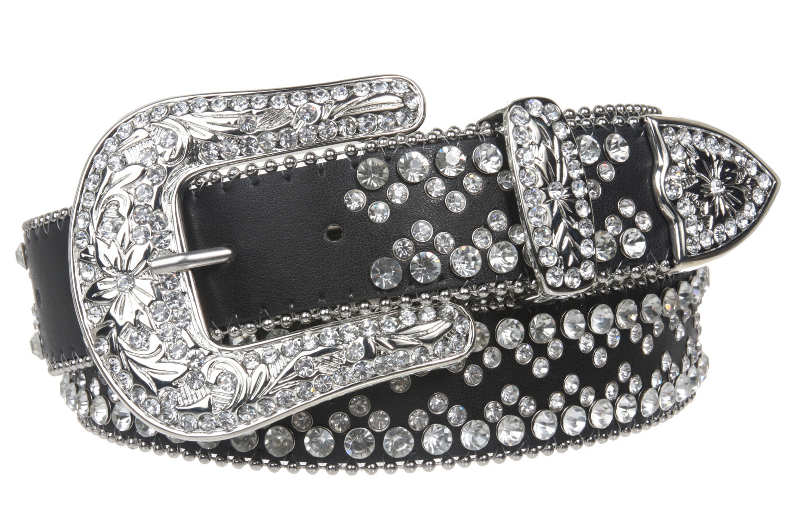 Snap On Western Cowgirl Rhinestone Studded Metallic Leather Belt - OnlineBelts