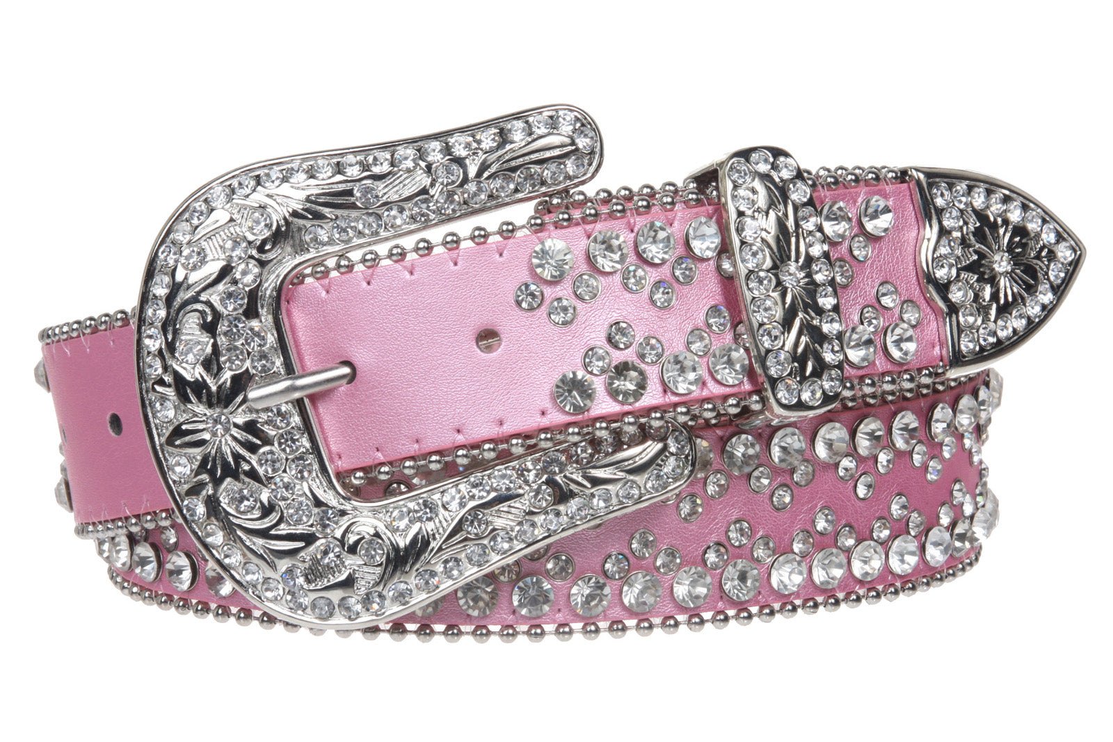 Snap On Western Cowgirl Rhinestone Studded Metallic Leather Belt - OnlineBelts