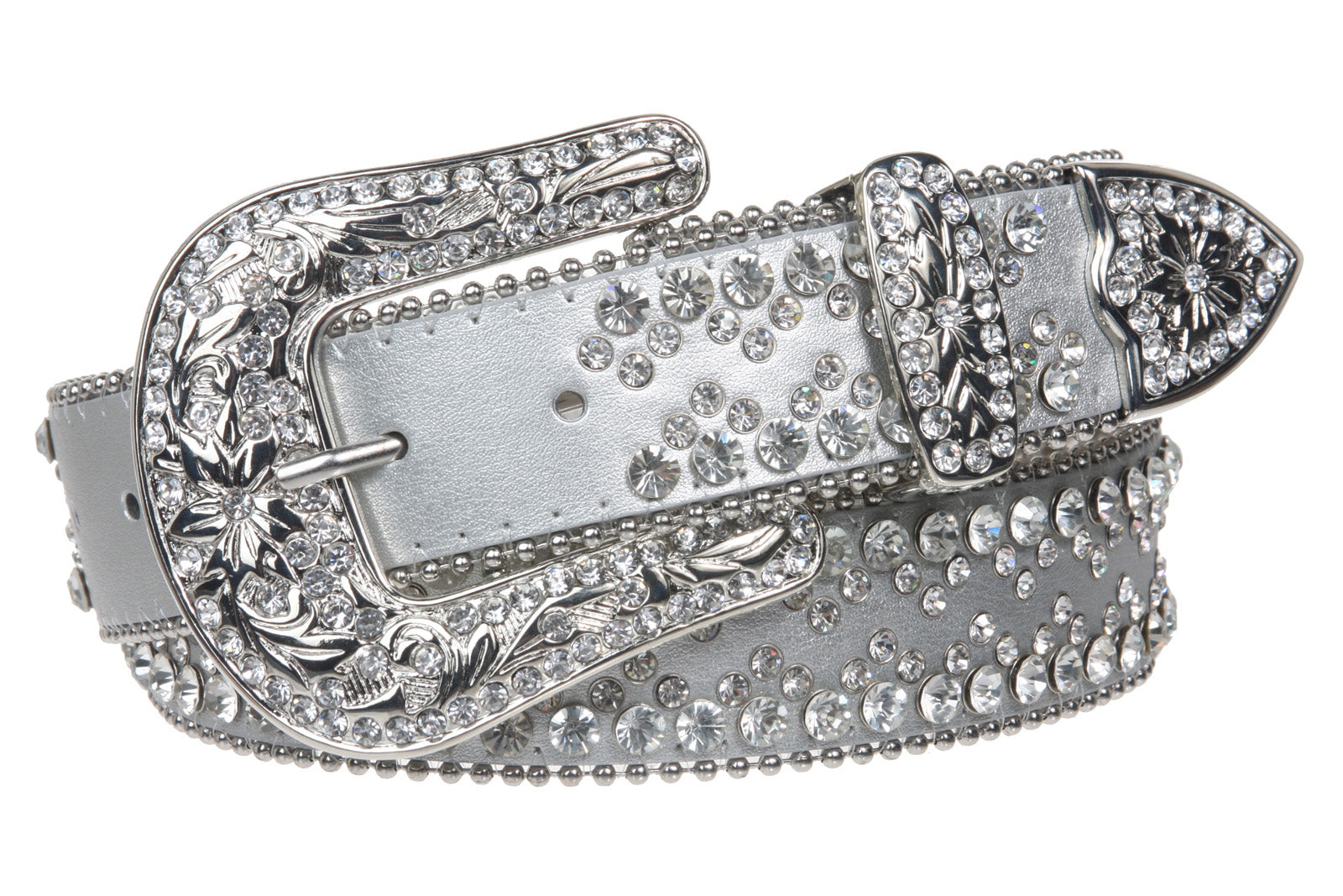 Snap On Western Cowgirl Rhinestone Studded Metallic Leather Belt - OnlineBelts