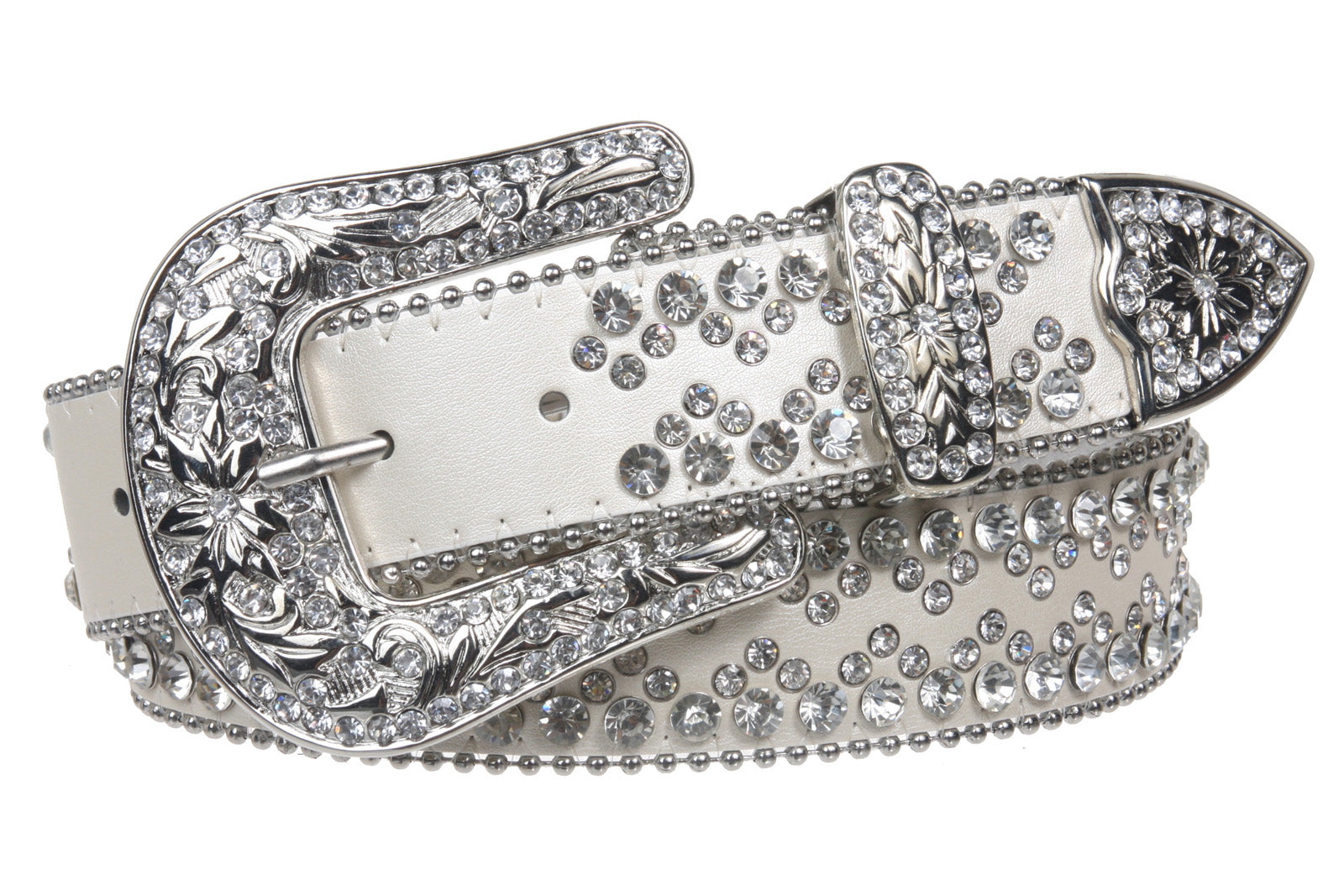Snap On Western Cowgirl Rhinestone Studded Metallic Leather Belt - OnlineBelts