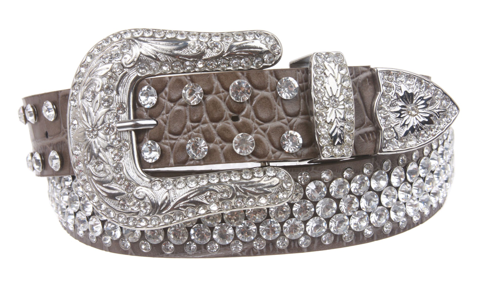 Snap On Western Faux Crocodile Print Rhinestone Leather Belt - OnlineBelts