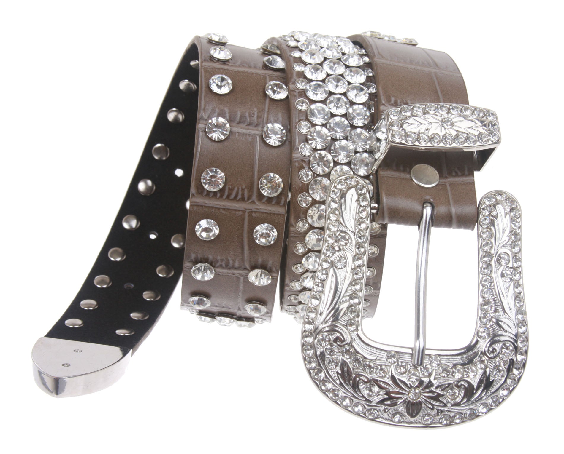 Snap On Western Faux Crocodile Print Rhinestone Leather Belt - OnlineBelts