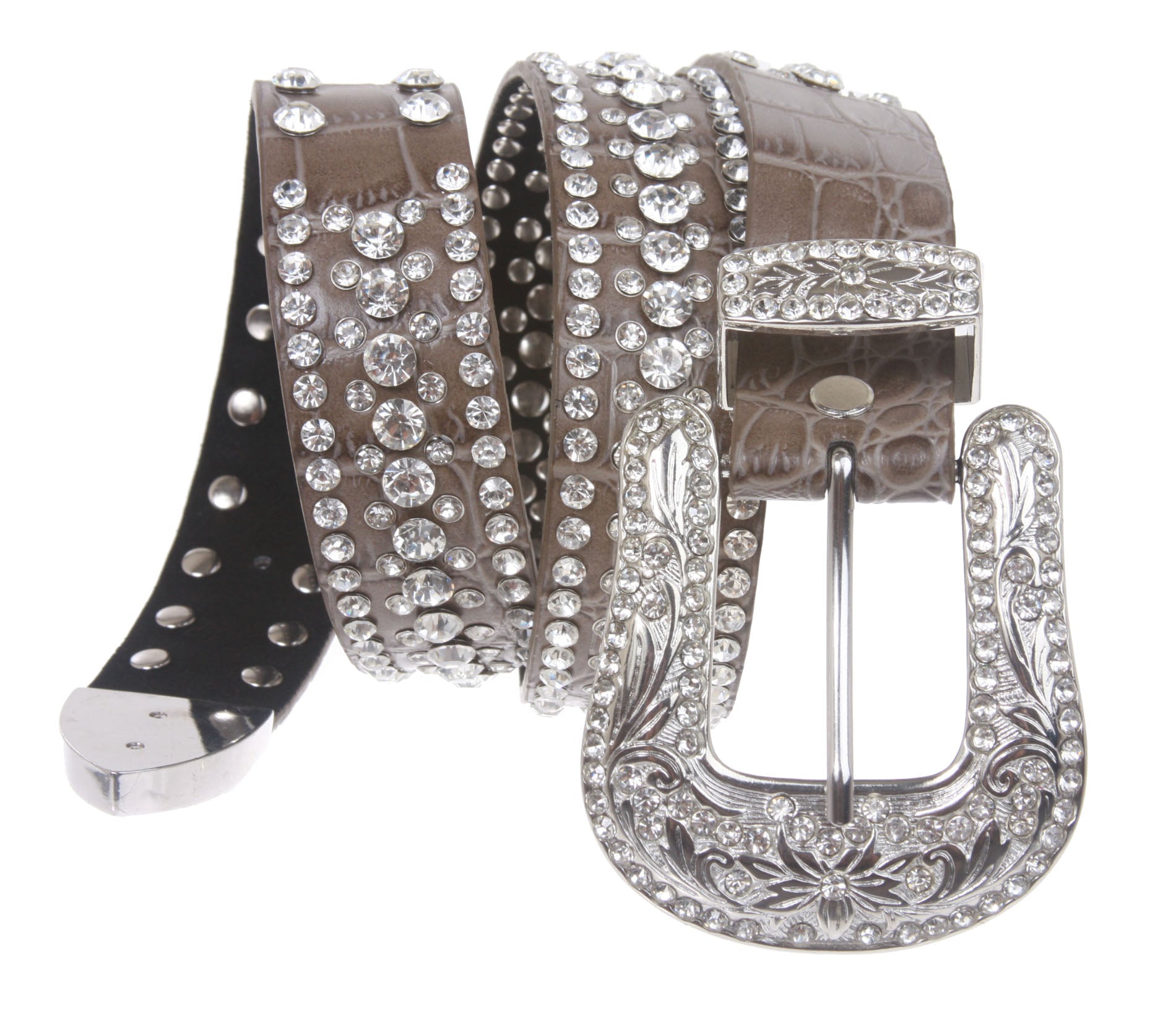 Snap On Western Faux Crocodile Print Rhinestone Leather Belt - OnlineBelts