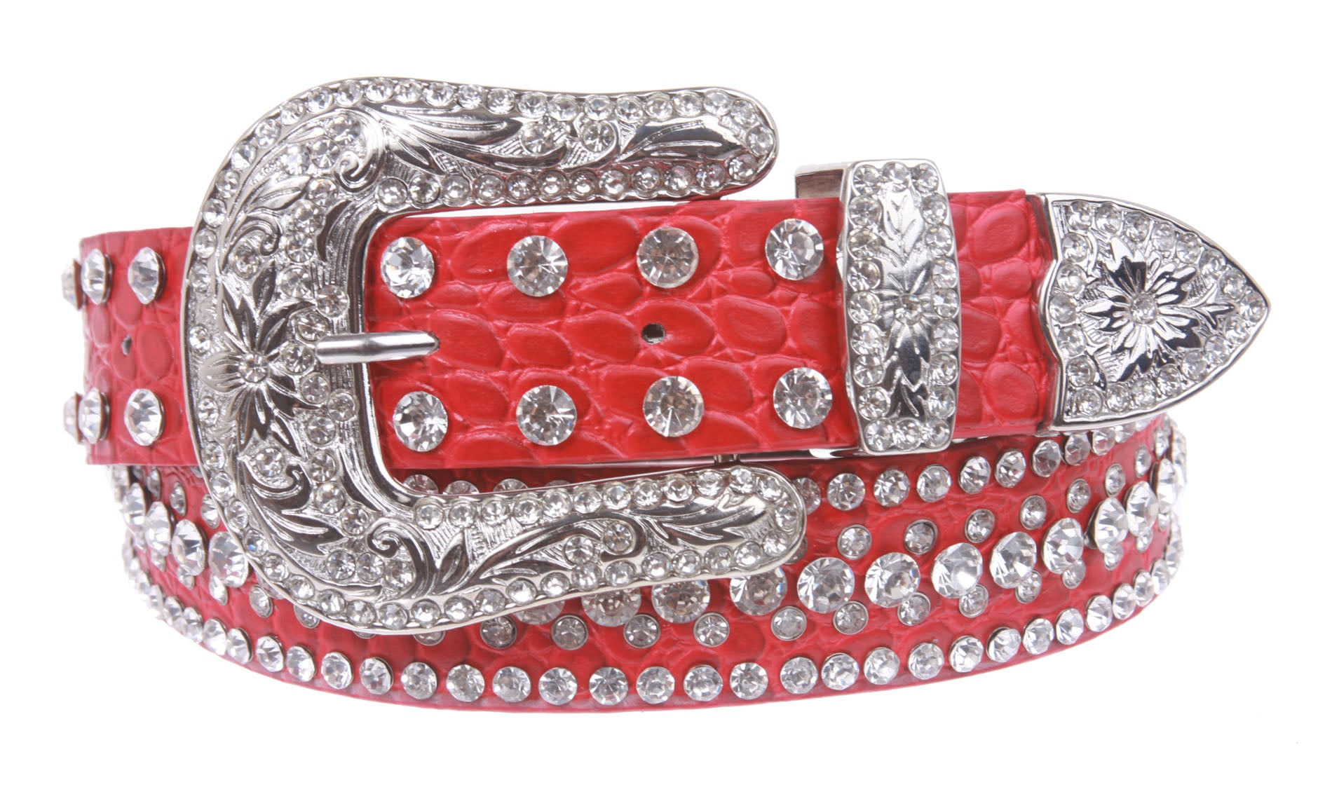 Snap On Western Faux Crocodile Print Rhinestone Leather Belt - OnlineBelts