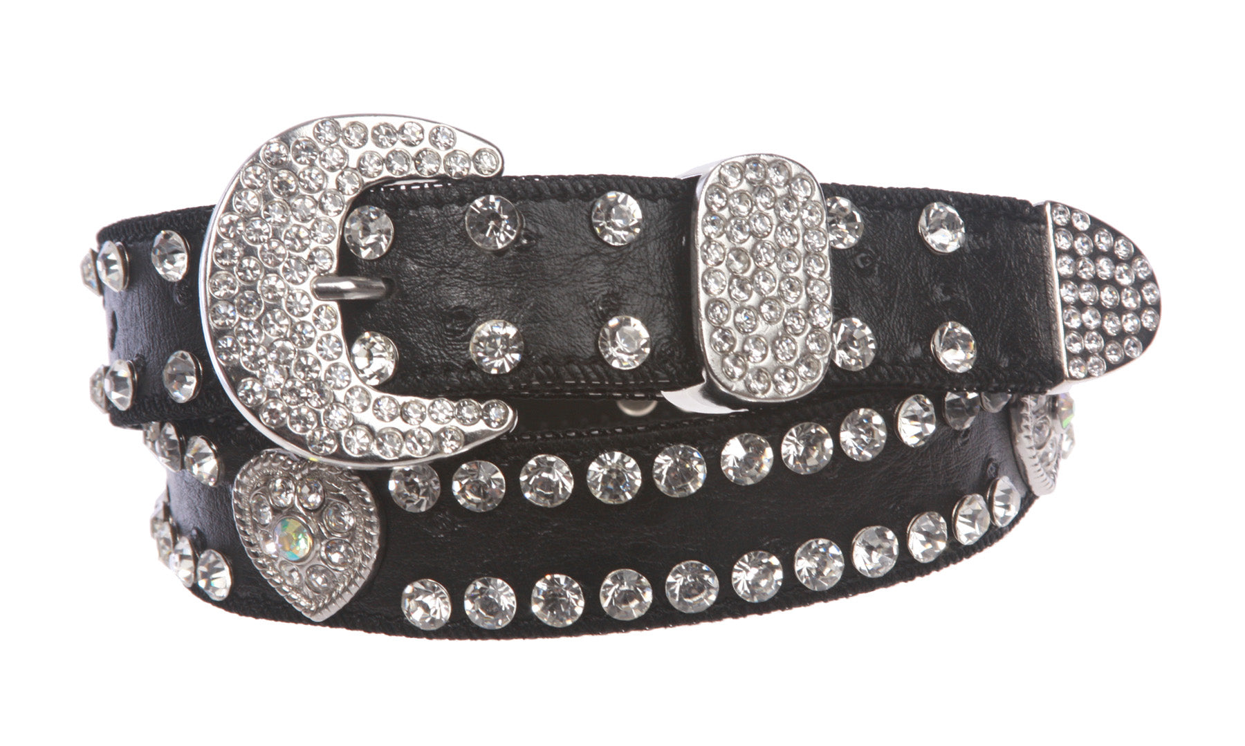 Kids 1 1/16" (27 mm) Ostrich Print Heart Ornaments Skinny Rhinestone Belt - OnlineBelts