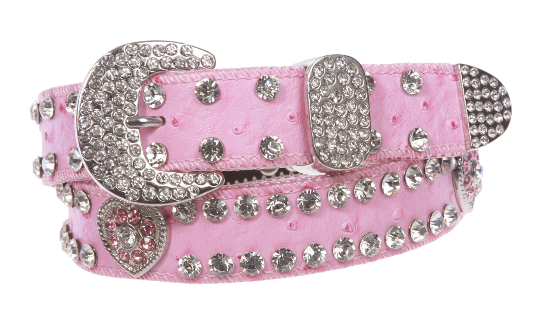 Kids 1 1/16" (27 mm) Ostrich Print Heart Ornaments Skinny Rhinestone Belt - OnlineBelts