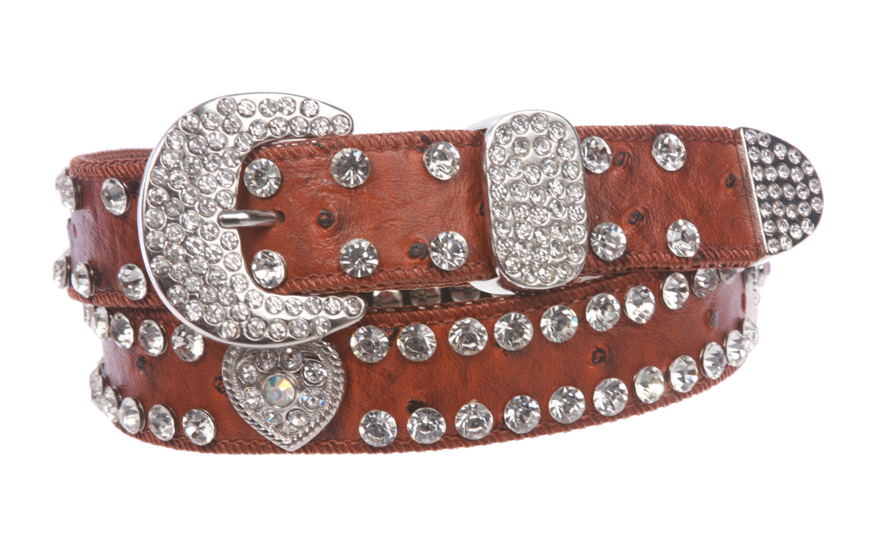 Kids 1 1/16" (27 mm) Ostrich Print Heart Ornaments Skinny Rhinestone Belt - OnlineBelts