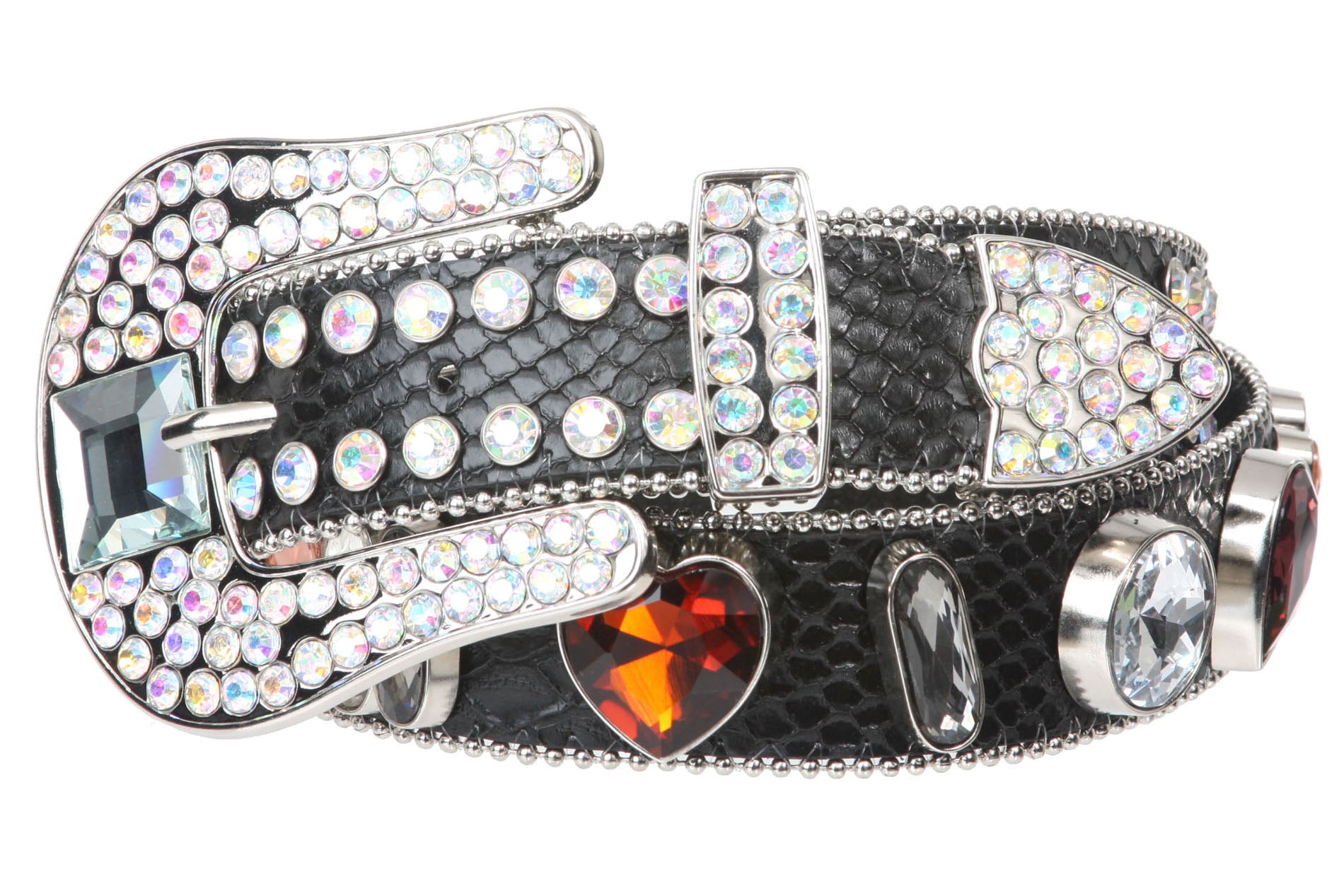 Snap On Western Cowgirl Snake Texture Crystal Conchos Leather Belt - OnlineBelts