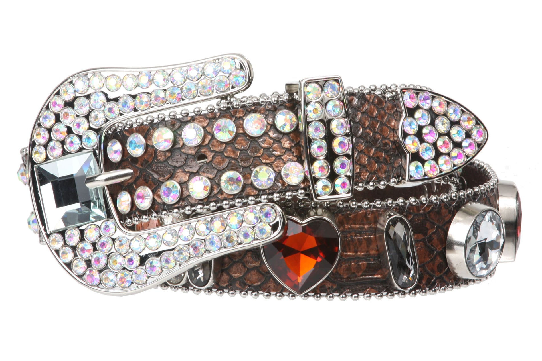 Snap On Western Cowgirl Snake Texture Crystal Conchos Leather Belt - OnlineBelts