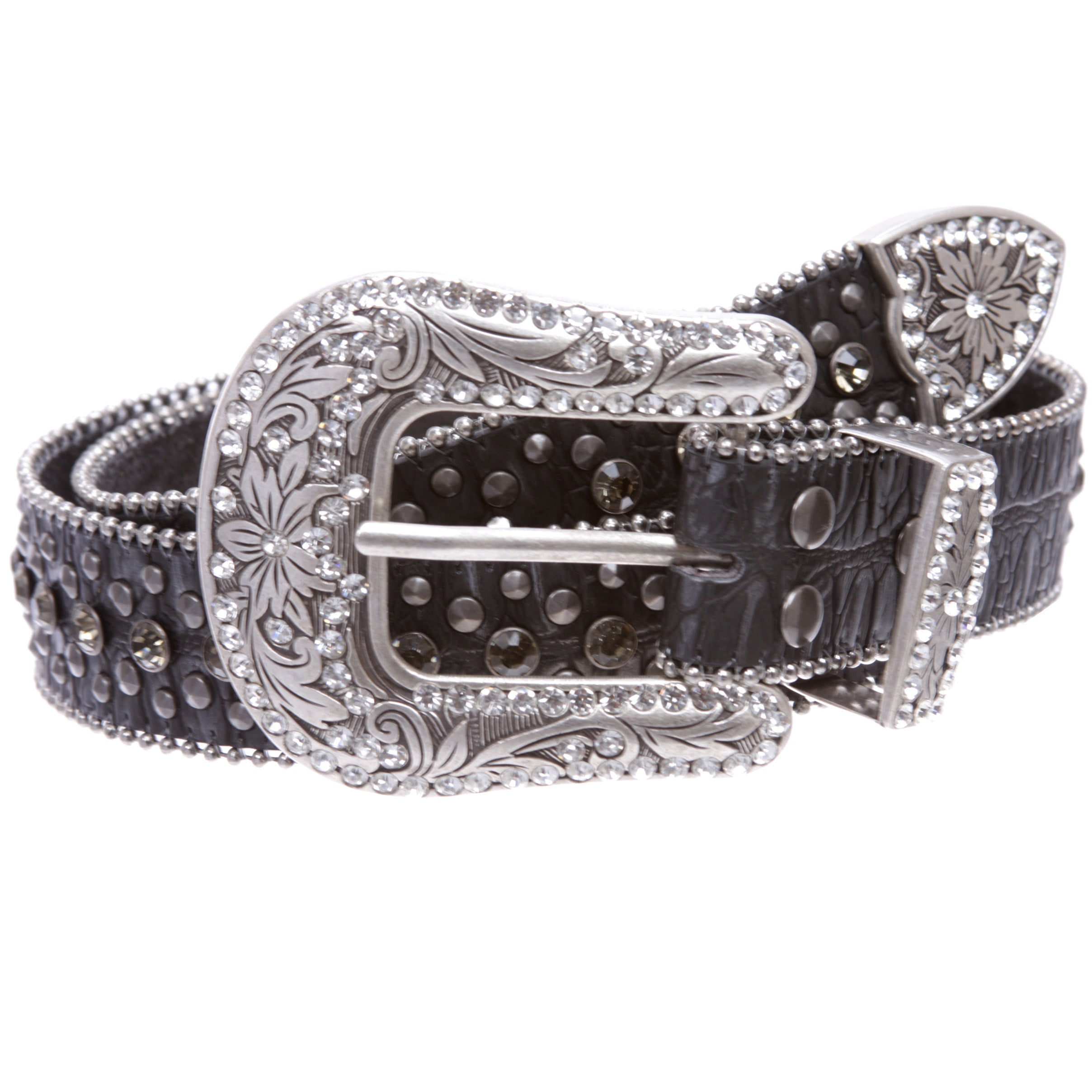 Western Cowgirl Faux Alligator Rhinestone Studded Leather Belt - OnlineBelts