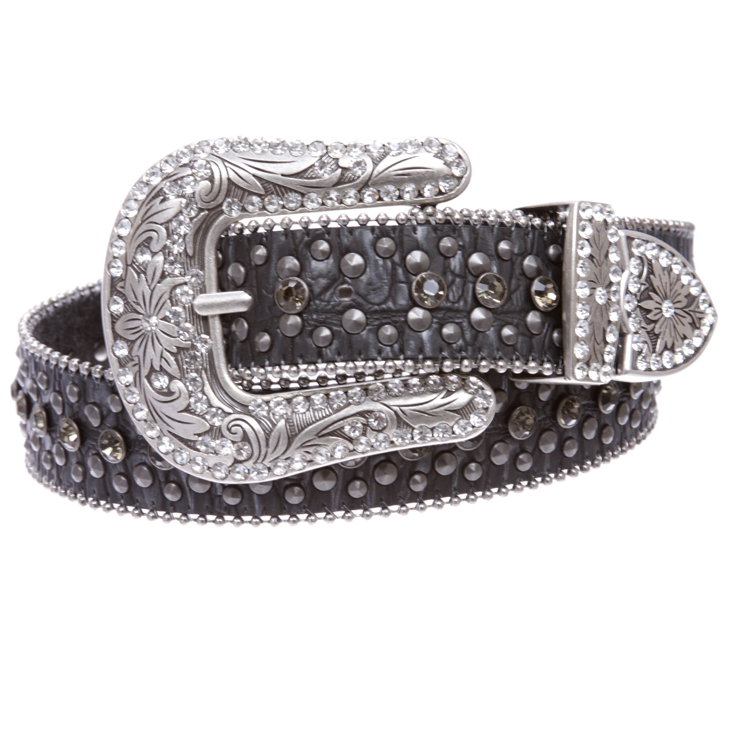 Western Cowgirl Faux Alligator Rhinestone Studded Leather Belt - OnlineBelts
