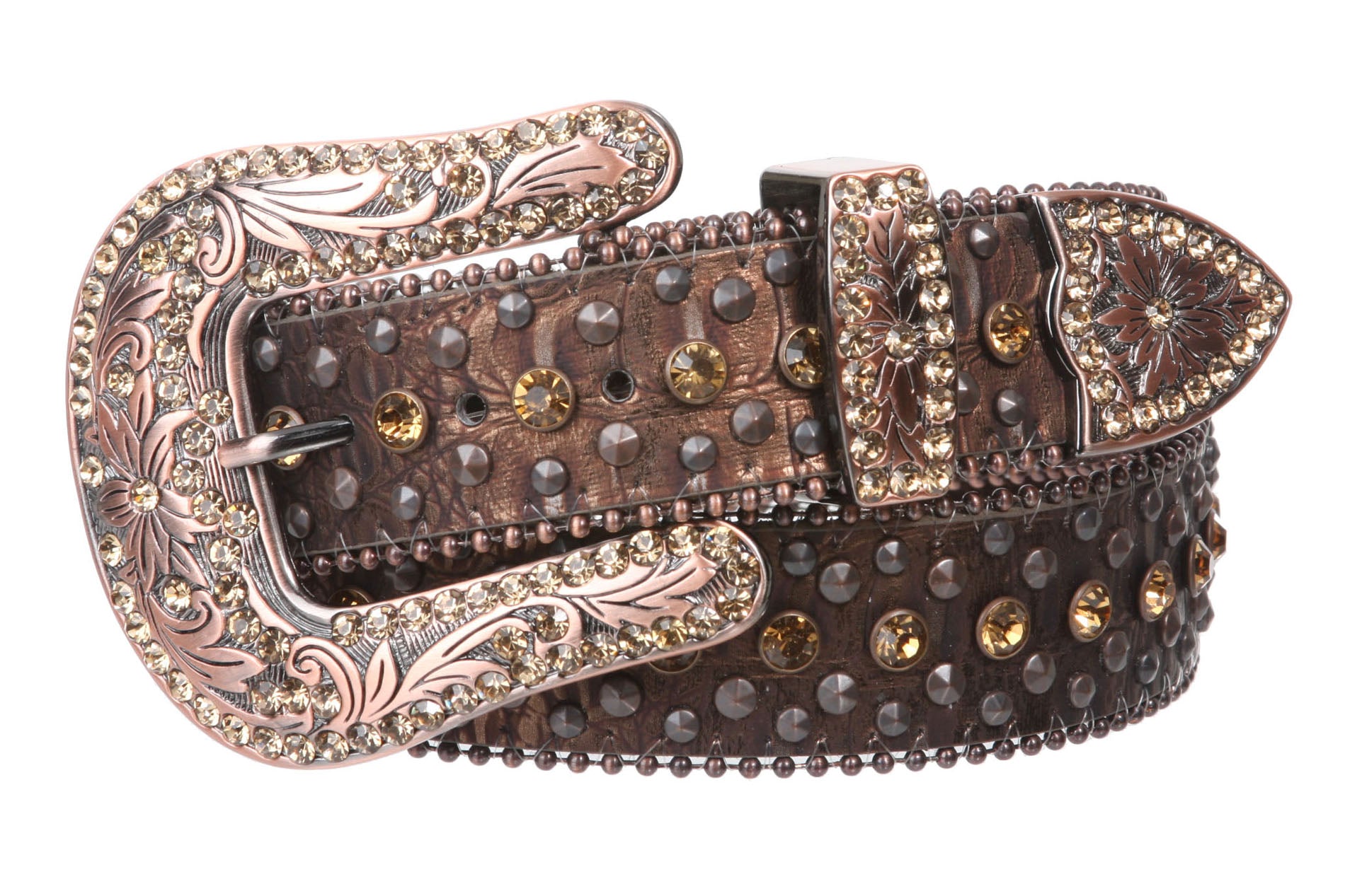Western Cowgirl Faux Alligator Rhinestone Studded Leather Belt - OnlineBelts