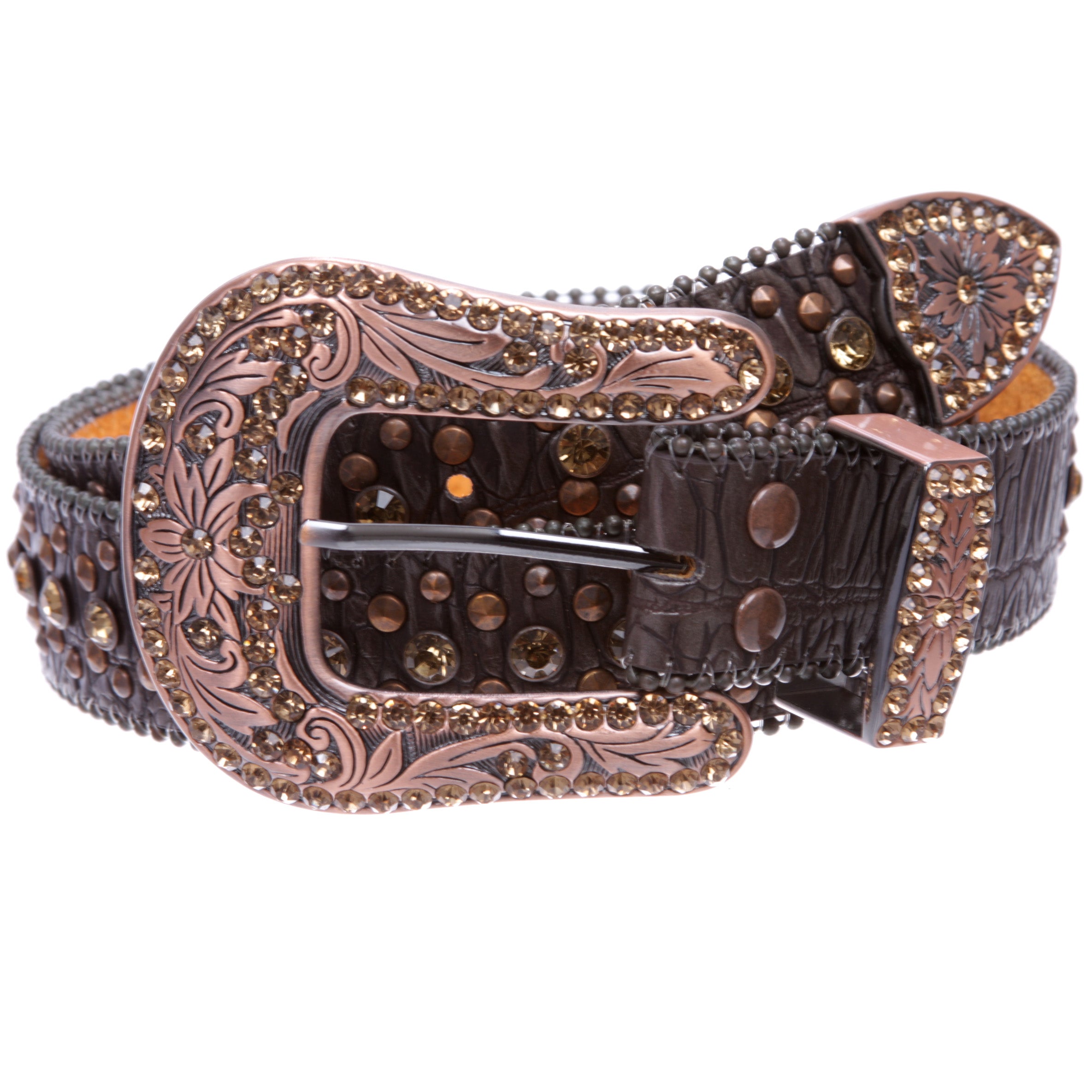 Western Cowgirl Faux Alligator Rhinestone Studded Leather Belt - OnlineBelts