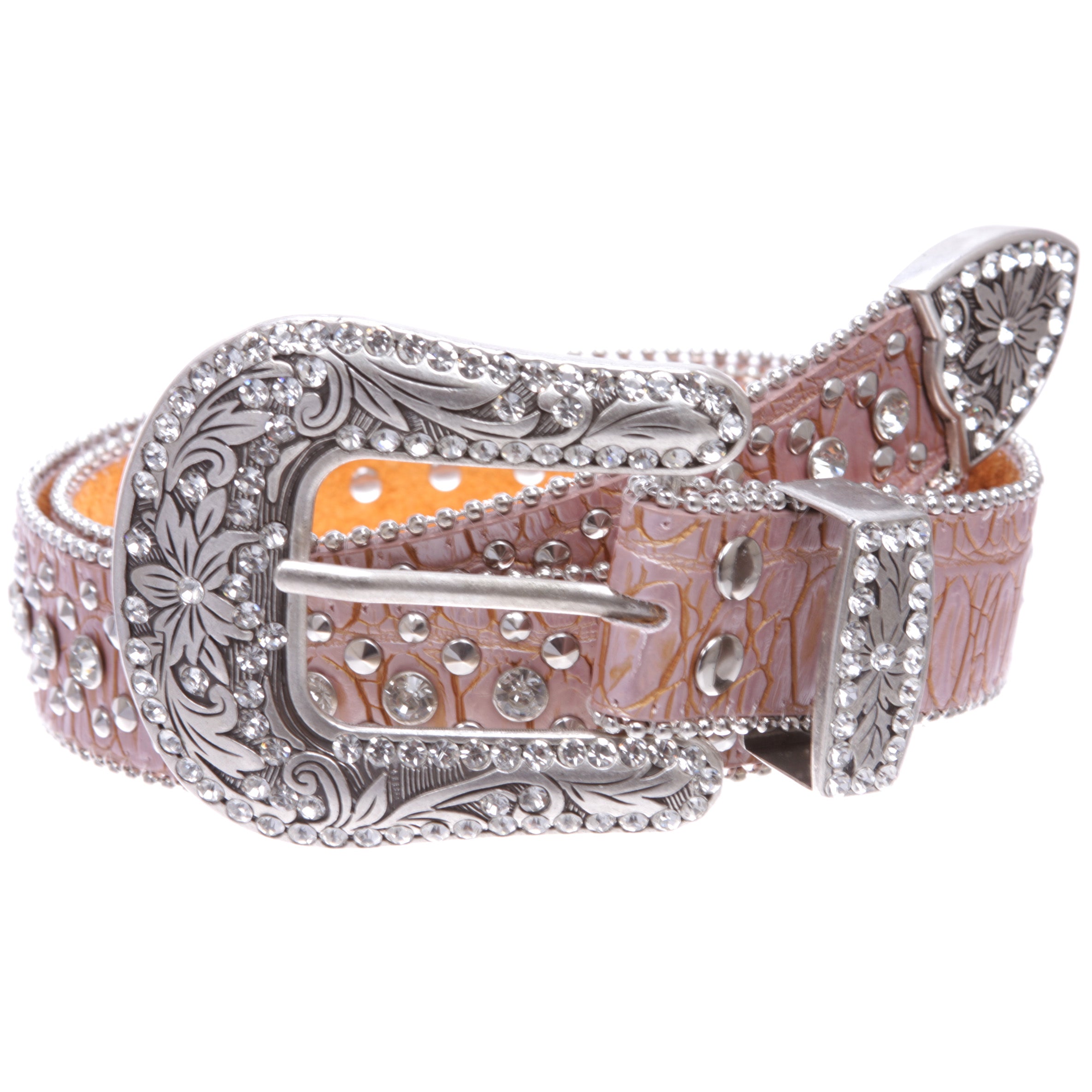 Western Cowgirl Faux Alligator Rhinestone Studded Leather Belt - OnlineBelts